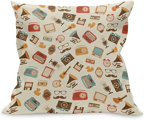 Ambesonne Vintage Throw Pillow Cushion Case, Retro Pattern Old Fashioned Alarm Clock Typewriter Gramophone Radio Cassette, Decorative Square Accent