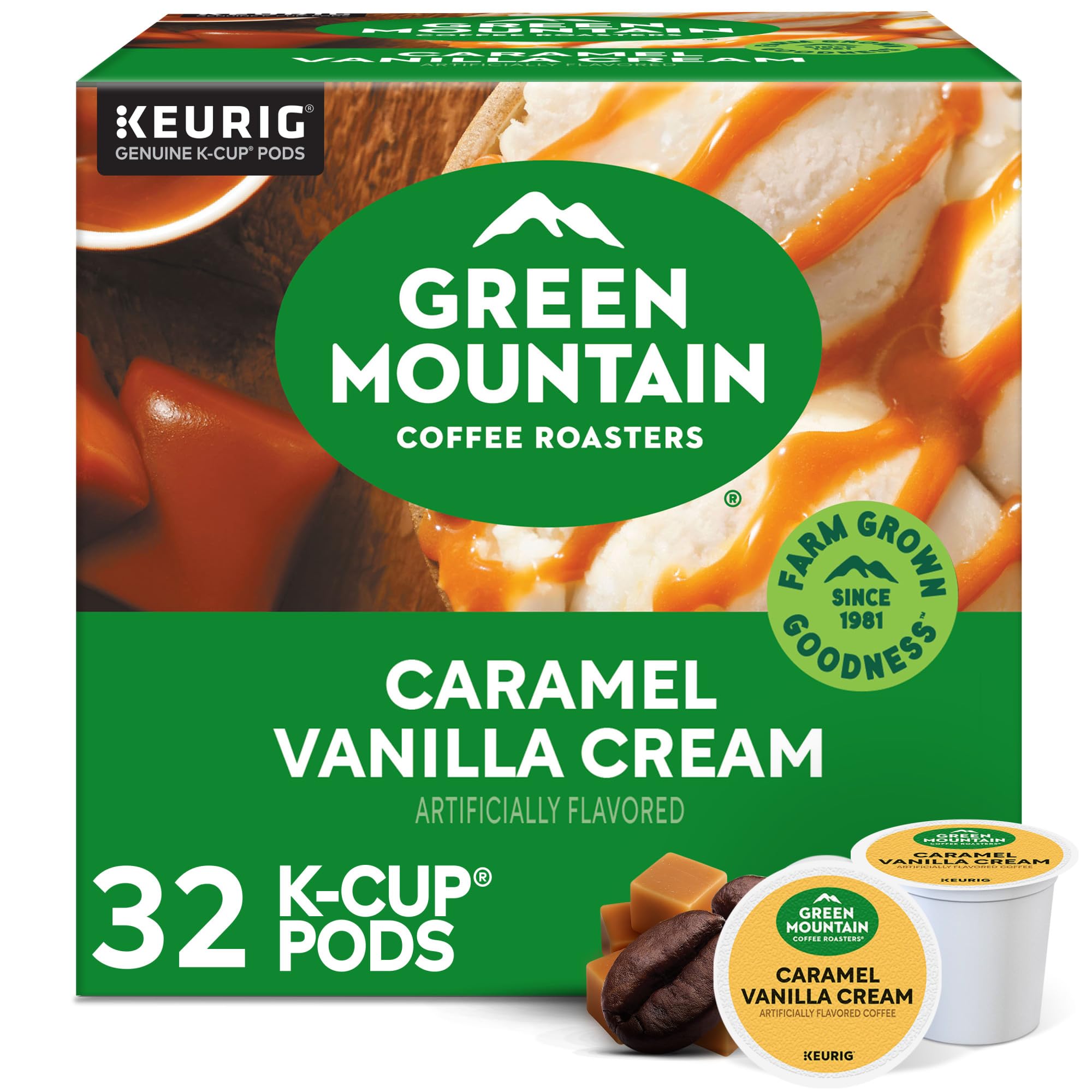 Green Mountain Coffee Roasters Caramel Vanilla Cream, Single-Serve Keurig K-Cup Pods, Flavored Light Roast Coffee Pods, 32 Count