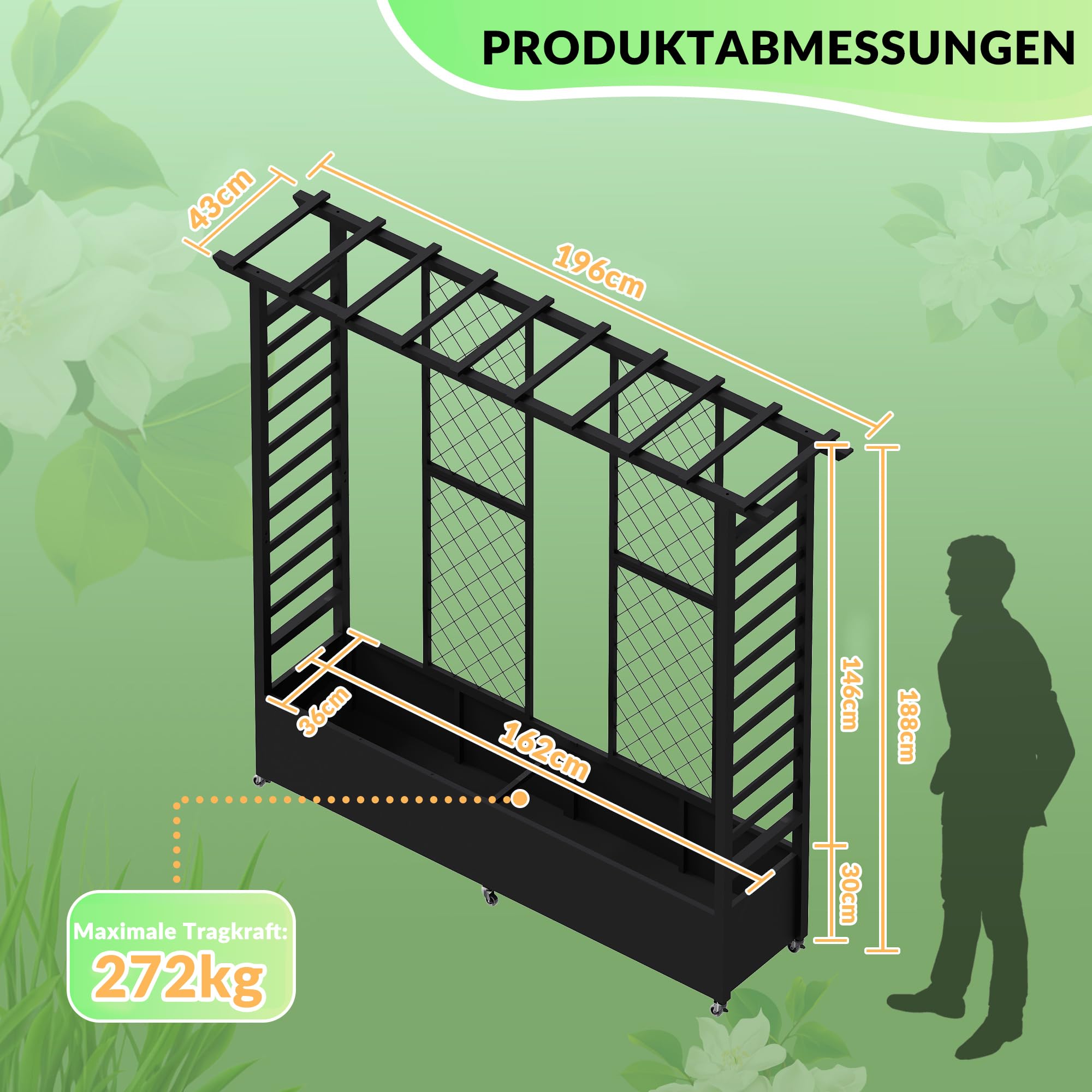 Hochbeet mit Rankgitter und Hängedach, freistehender Metall-Pflanzkasten mit Rollen, mobiler Pflanzkasten für drinnen und draußen für Kletterpflanzen, Blumen, für Garten, Terrasse und Hof