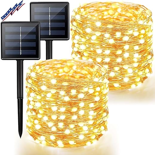 BHCLIGHT String Lights Outdoor, 2-Pack 80FT 200 LED , Waterproof Copper Wire 8 Modes Solar Fairy Lights for Garden Patio Tree Christmas Party Wedding Decor(Warm White)