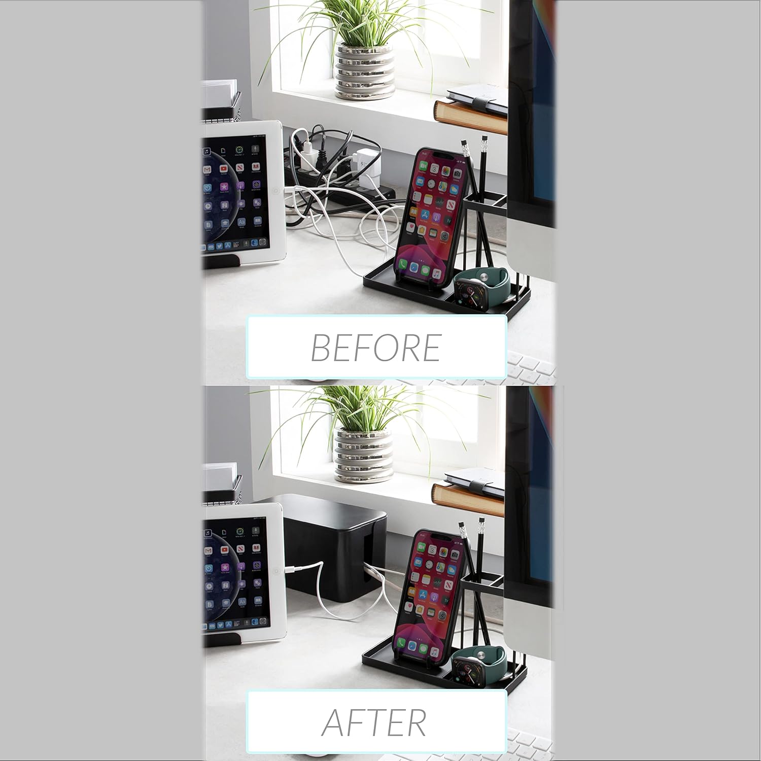 Black Rectangular Lidded Cable Organizer Storage Bin Set
