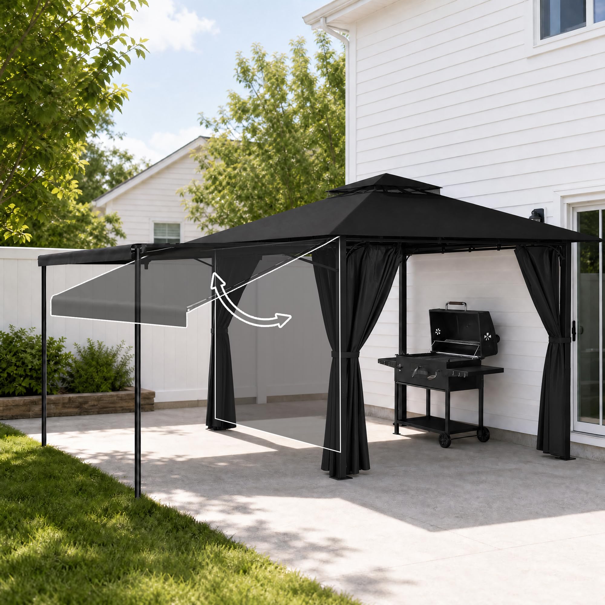 JUMMICO Gazebo da Giardino Esterno 3x3, con Estensione Convertibile in Parete e Tende Laterali Incluse, Tetto a Doppio Strato, Struttura Metallica Resistente alle Intemperie, Ideale per Spazi Esterni