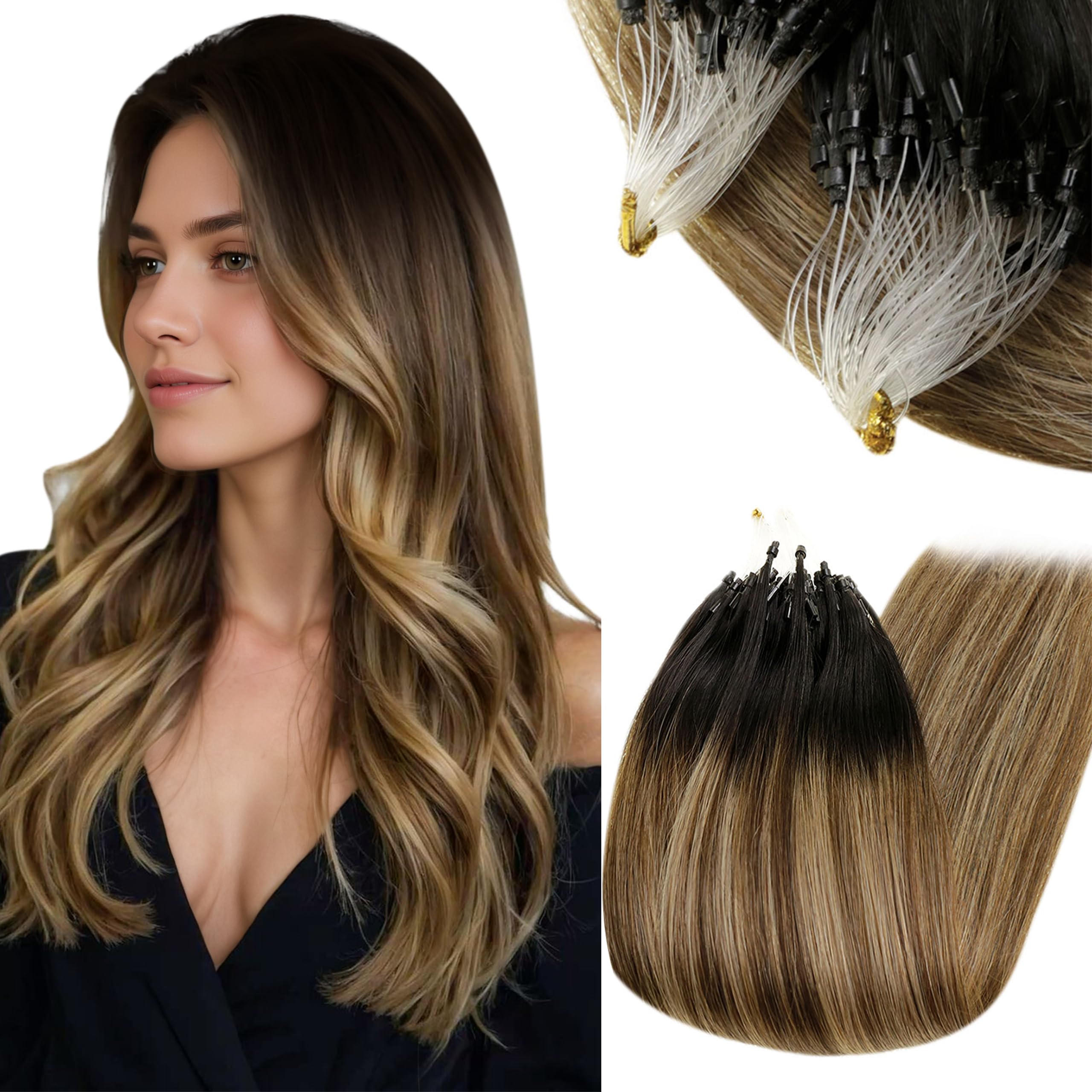 RUNATURE Micro Ring Hair Extensions Brown Balayage Micro Link Extensions Real Human Hair Black Ombre Micro Loop Hair Extensions Human Hair 18 Inch 50 Gram