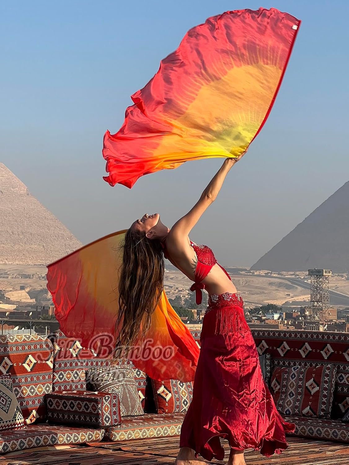 Winged Sirenny 70" Sheer Silk Dance Angel Wings with Flex Rods, Circular Handpainted Fluid Translucent Silk Worship Flags