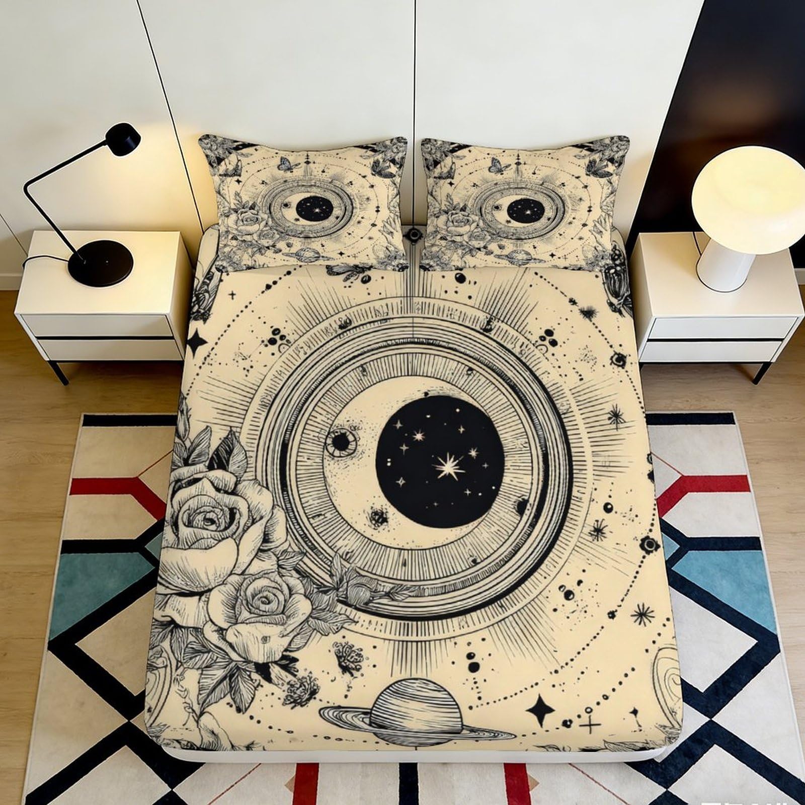 3D Printed Celestial Moon Fitted Sheet Microfiber Soft Breathable Cosmic Universe Mattress Cover for Bedroom Dorm Decor 180x200x25cm