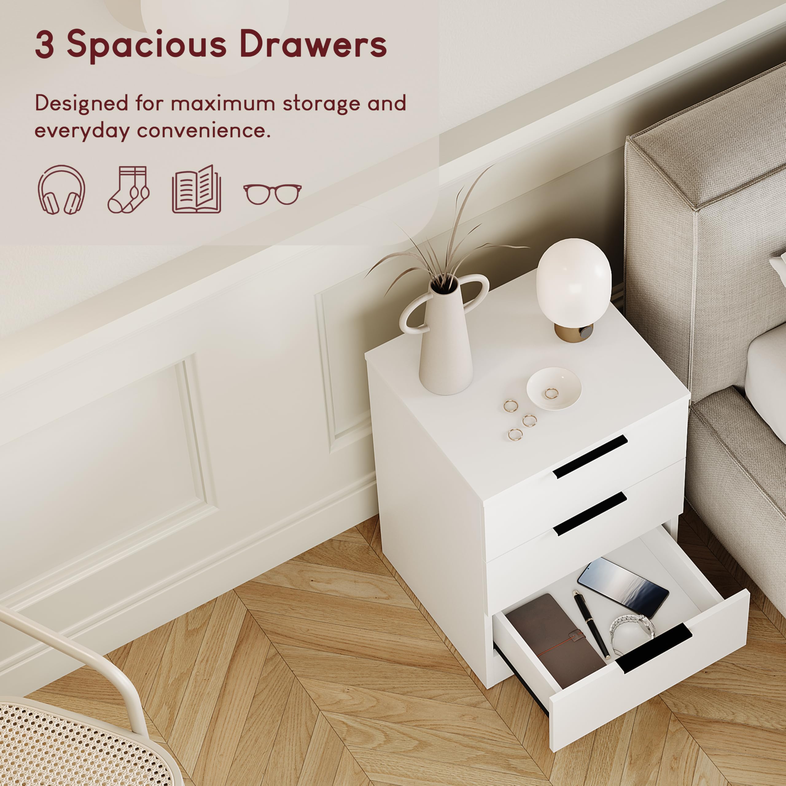 Vida Designs Trega - Comodino a 3 cassetti, compatto, salvaspazio, 50 x 39 x 28 cm, in legno ingegnerizzato, cassetti scorrevoli, maniglie nere moderne, ideale per camera da letto e camera degli