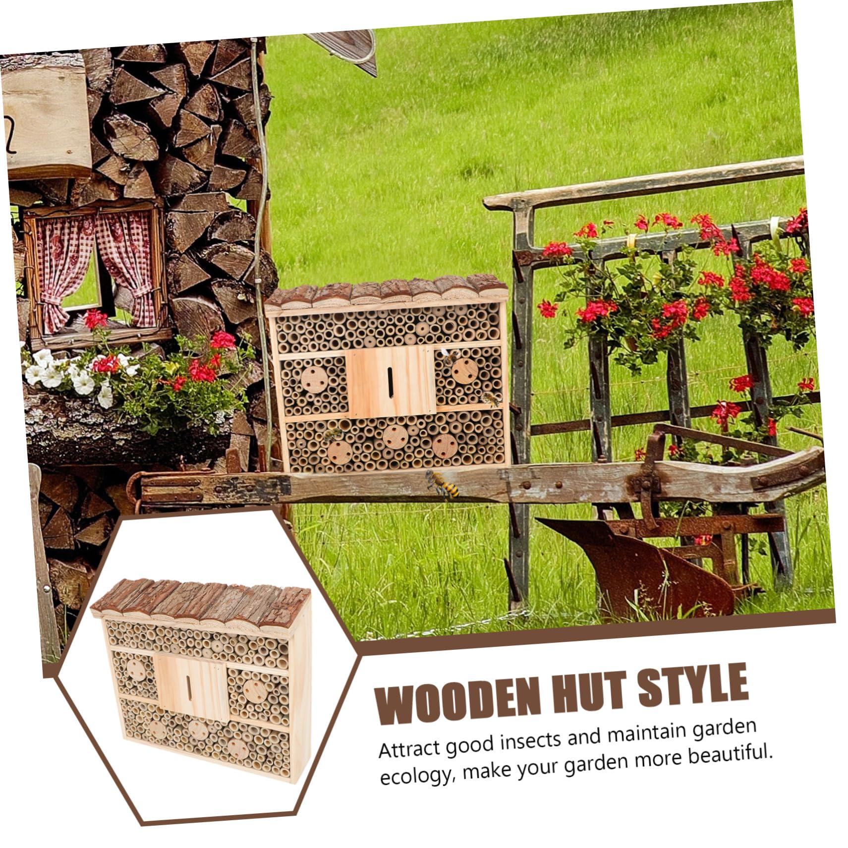 ibasenice Holz Insektenhotel für Wildbienen Praktische Garten Dekoration Naturholz Nistkasten für Insekten Kreatives Gartenaccessoire für Ökologische