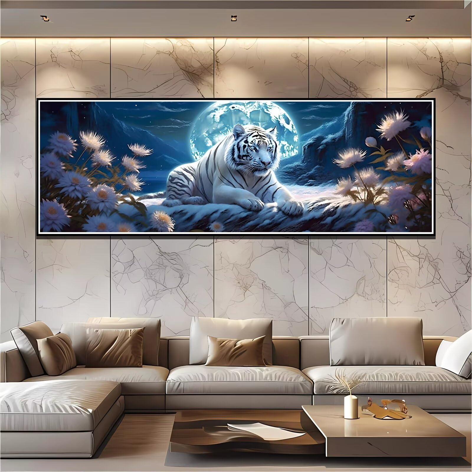 Weißer Tiger Diamond Painting Groß XXL 150x50cm, Diamond Painting Set Basteln Erwachsene, 5D DIY Mond Diamant Painting Bilder Erwachsene, Diamond Painting Großes für Zimmer Wand Deko Aesthetic E-5