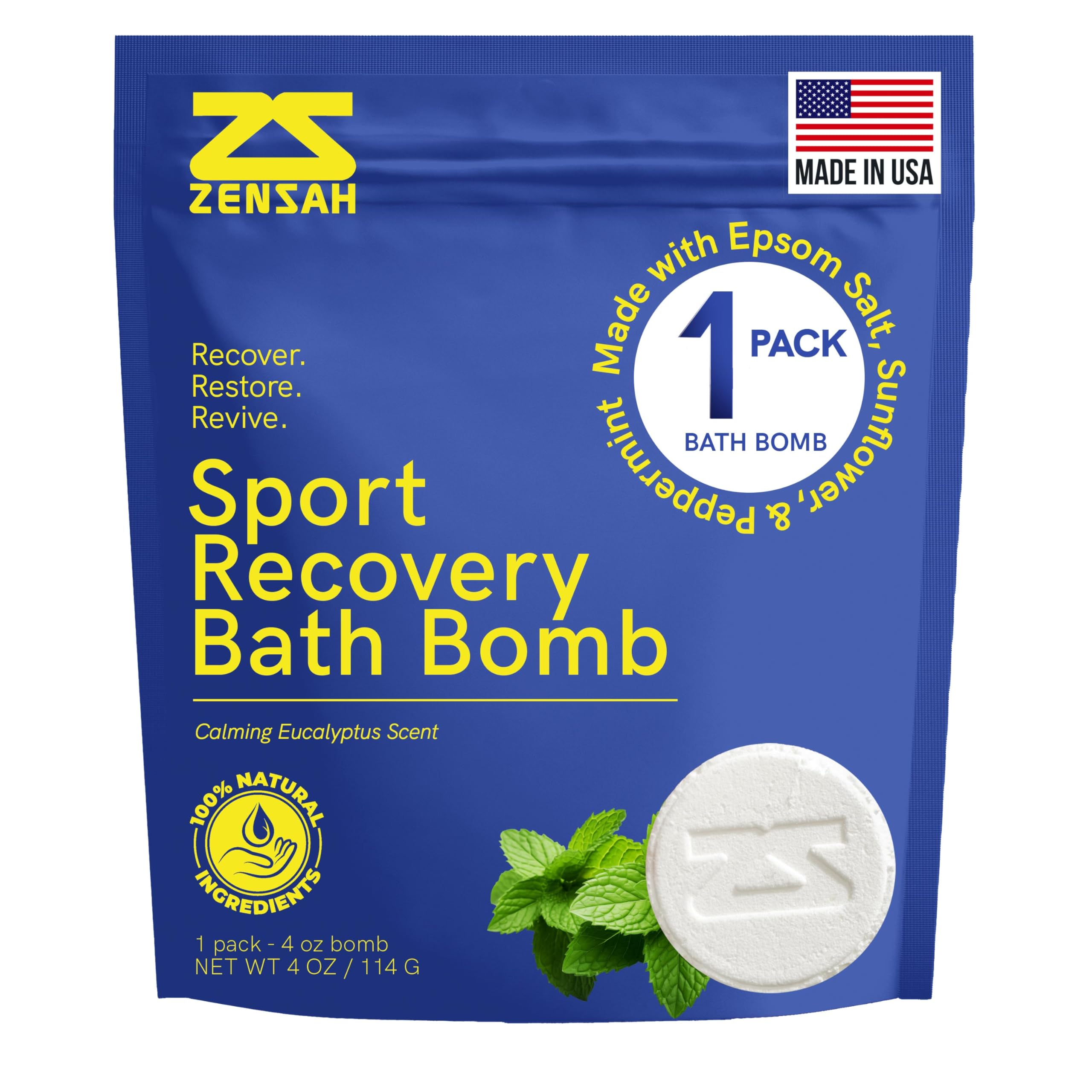 Zensah Sport Recovery Bath Bombs - Magnesium Epsom Salt for Soaking Sore Muscles, Easter Basket Stuffers, Made in USA with Essential Oils, Peppermint