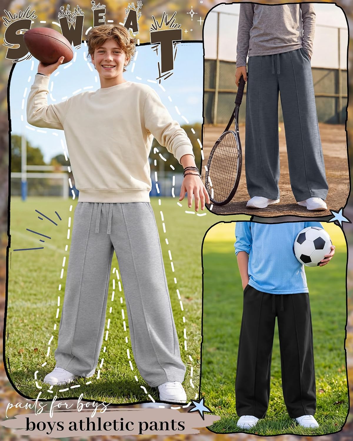 3 Pack Teen Boys Wide Leg Baggy Sweatpants 7-16Y