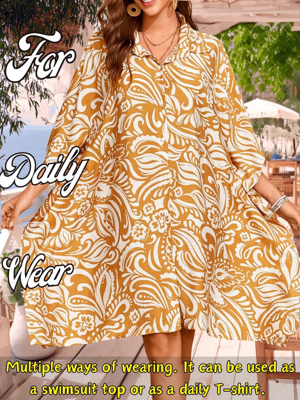 Print Cover-Up Shirt-Dress, Button-Up, Beach Cruise Wear, Fits sizes 0-14, Vacation Clothes Beachwear - Image 3