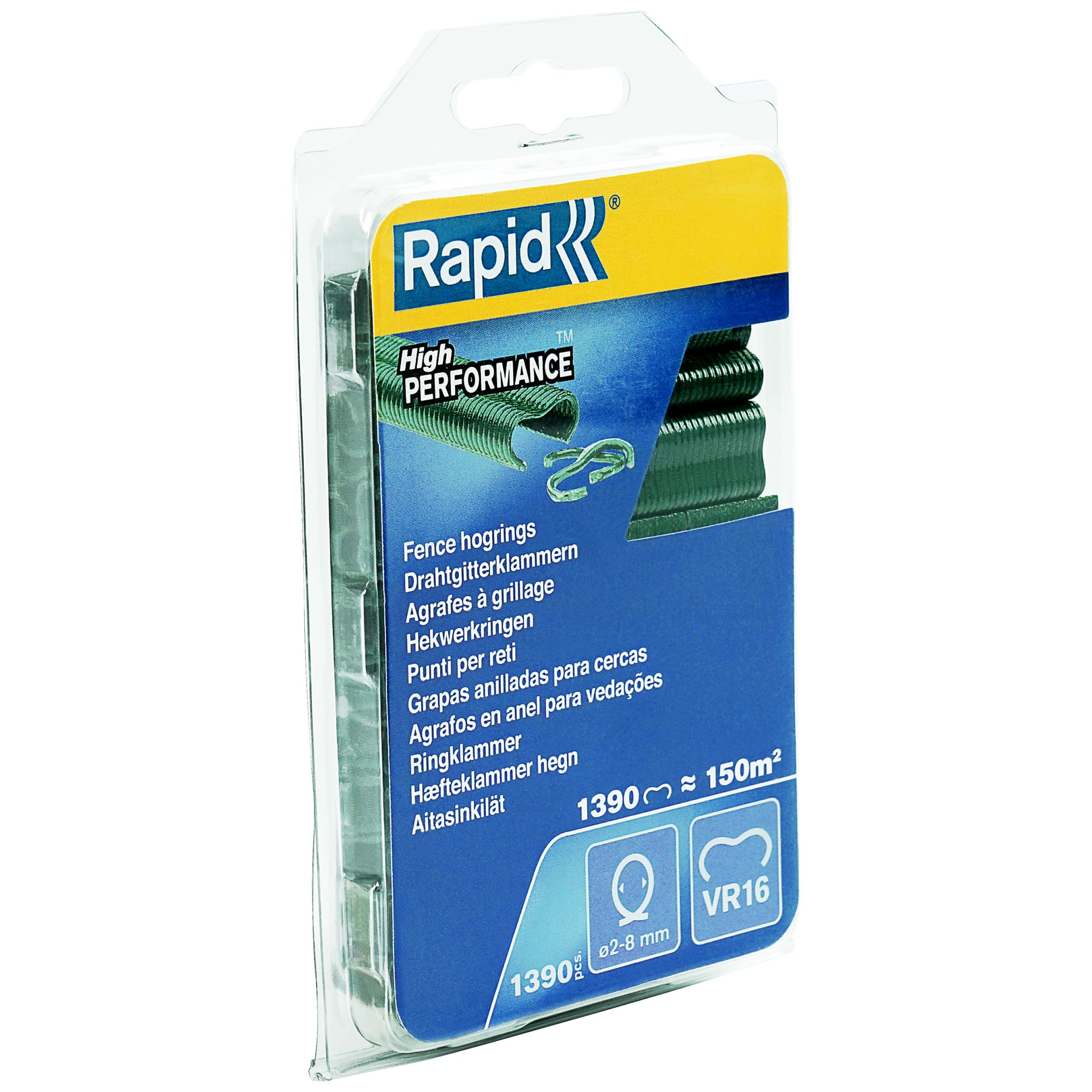 Rapid VR16 - Agrafes à Grillage en Acier Galvanisé, Plastifié Vert, Compatible avec les Grillages 2-8 mm, Idéal pour Sécuriser Cages & Clôtures, 1390 Pièces, Emballage sous Blister (40108800)
