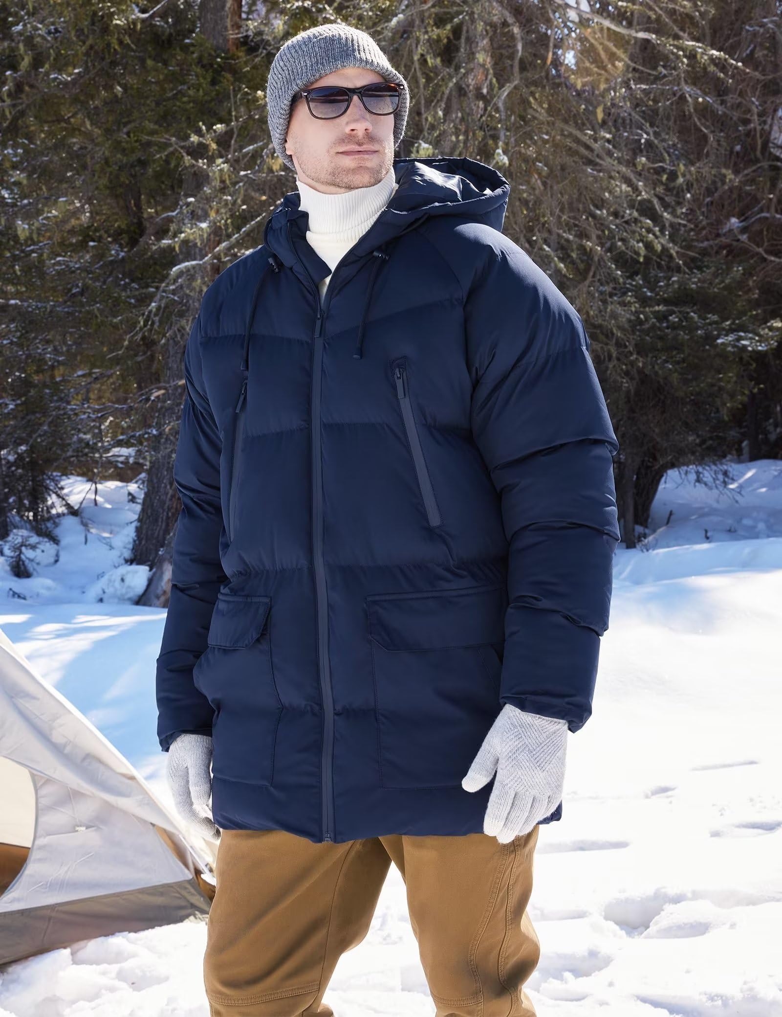 Mens Long Winter Coat Hooded Warm Quilted Jacket Waterresistant Cold Weather