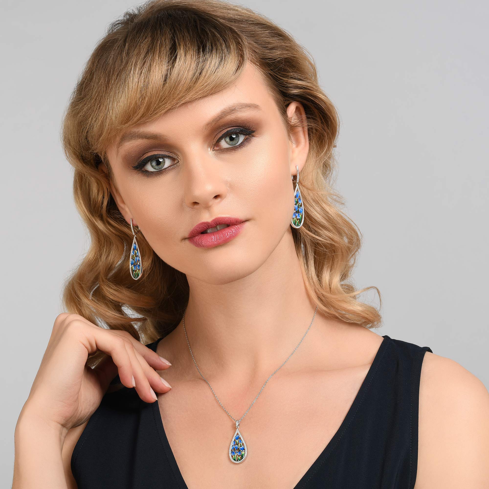 Namana Collana da donna a forma di fiore blu, in argento Sterling 925, con smalto e zirconia cubica, collana da donna in argento Sterling 925, con confezione regalo, Smalto, Zirconia cubica