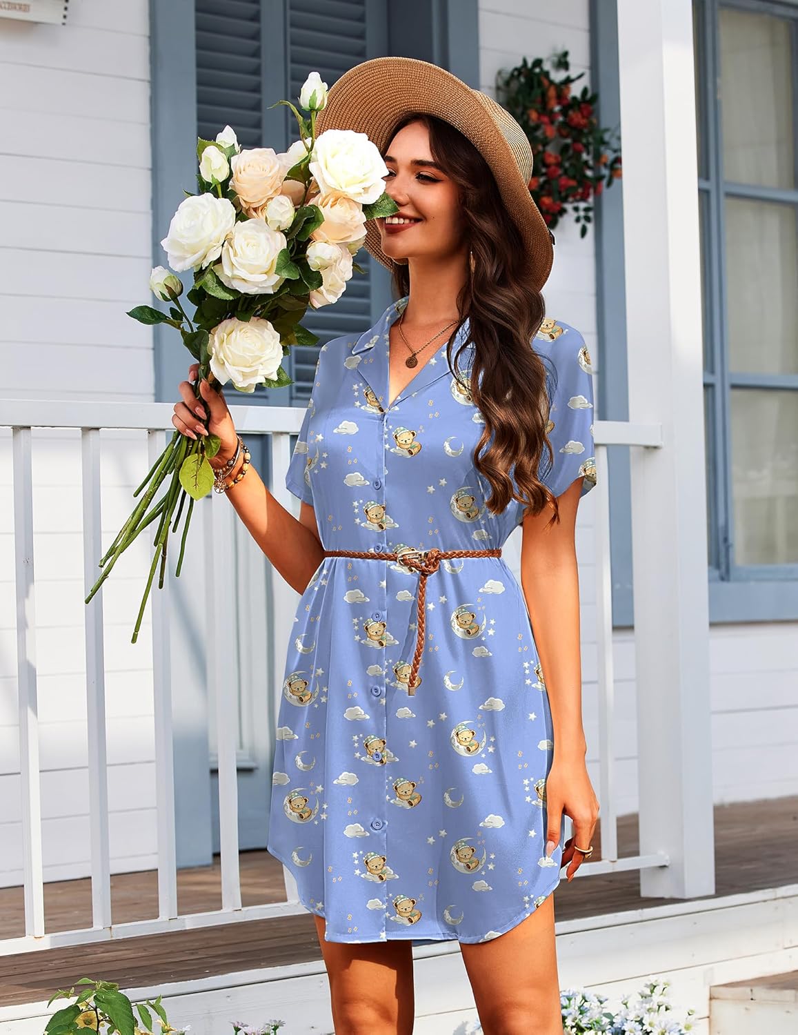 Ekouaer Women's Sleepshirts Satin Silk Nightgown Short Sleeve Sleepwear Casual Print Sleepdress Boyfriend Pajamas Nightshirt - Image 4