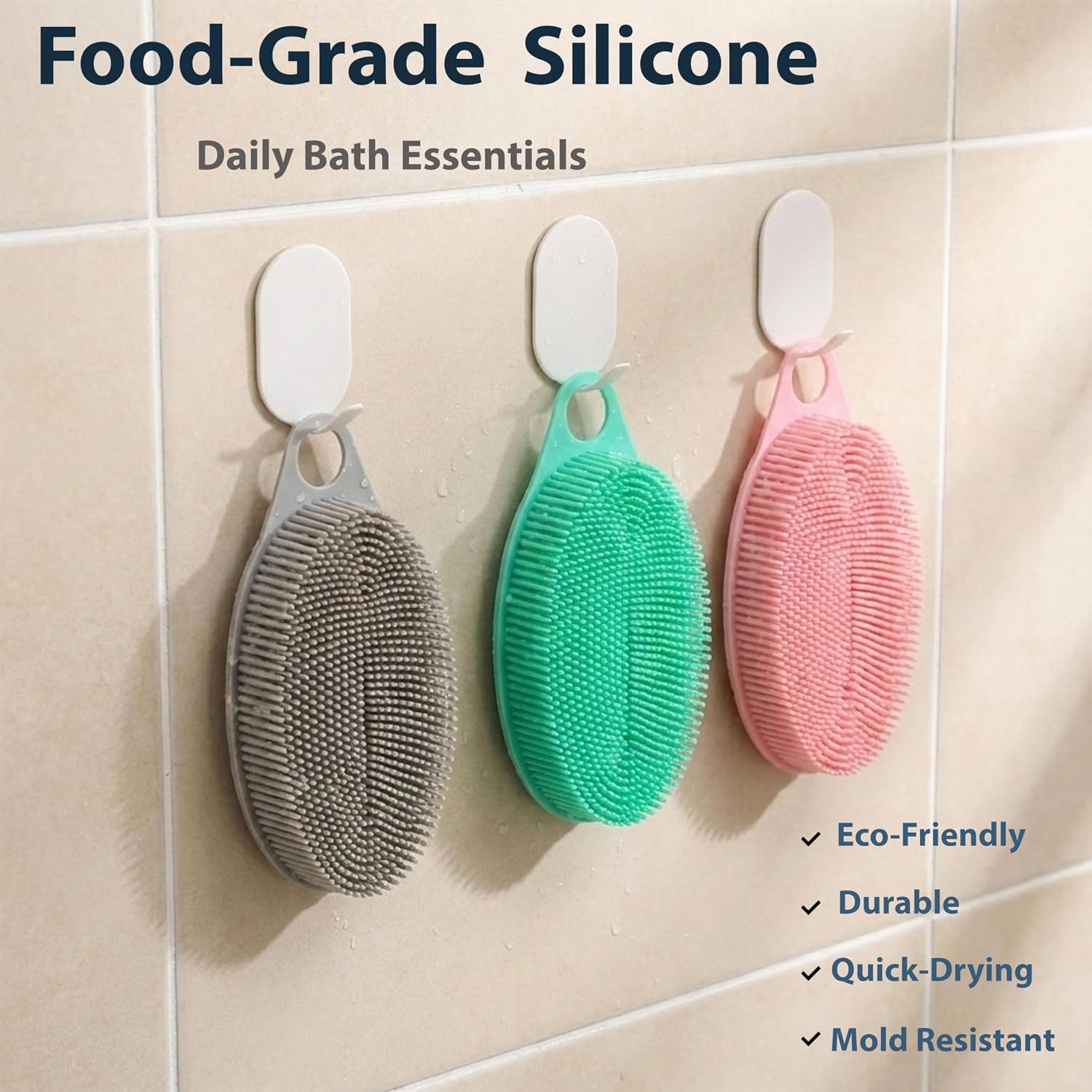 MtBoi 2 Pack Silicone Exfoliating Body Scrubber, Soft Silicone Loofah for Sensitive Skin, 2-in-1 Body Brush & Shower Head Massager, Easy to Clean, Rich Lather (Gray&Pink)
