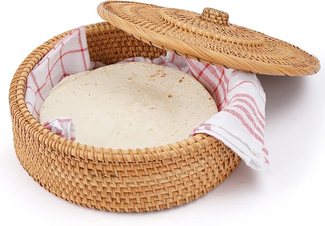 Tortillada - 26 cm Tortilla Warmer/Tortilla Warmer Basket Handmade from rattan including cotton tea towel