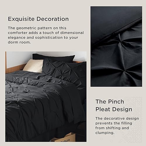 Miniatura 4 de Bedsure Twin XL Comforter Set - Extra Long 5 Pieces Dorm Bedding Sets, GentleSoft™ Pinch Pleat Black Bed in a Bag with Pintuck Comforters, Sheets