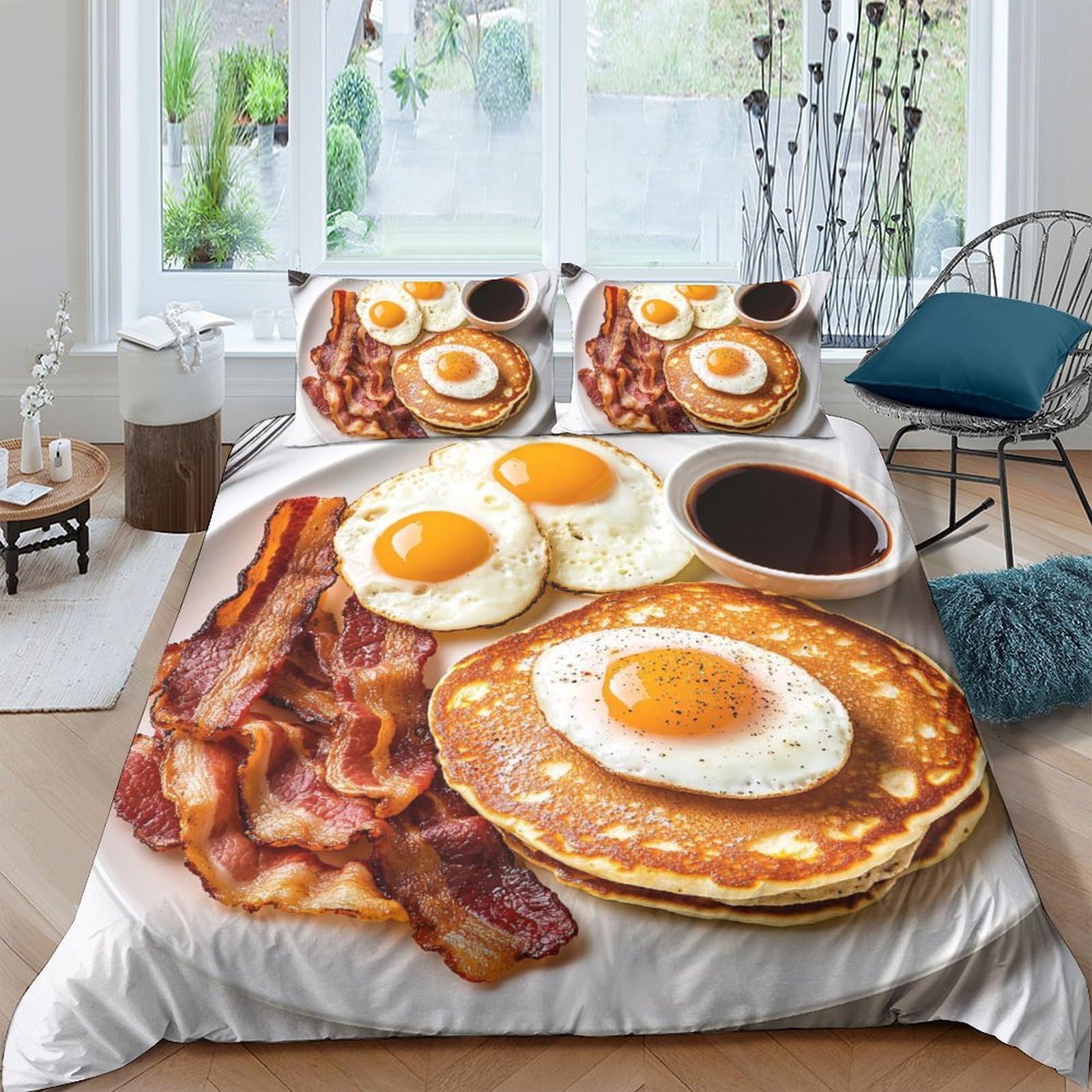 Ctjqhvkz Style-1 3D Printed Breakfast Food Fitted Sheet Microfiber Soft Bacon Eggs Pancakes Bed Cover For Bedroom Dorm Mattress Decor Single（135X200cm）