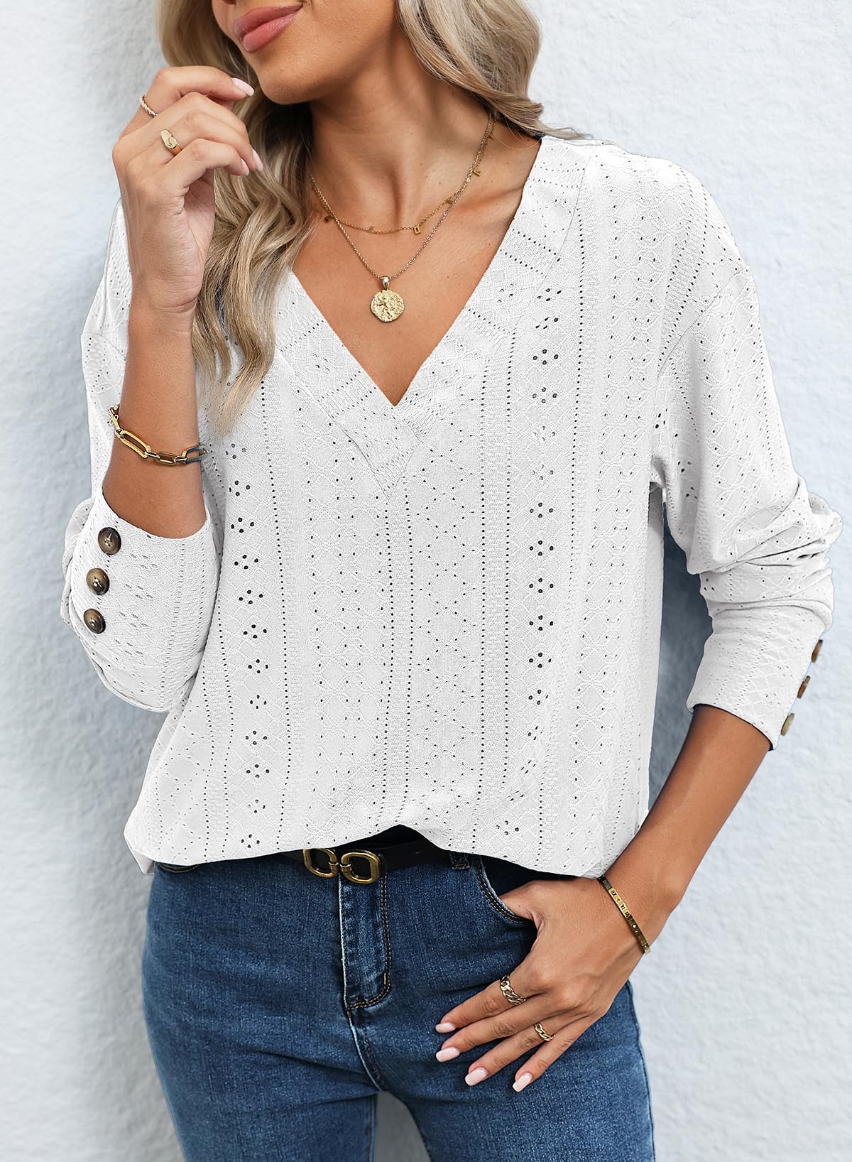 Dokotoo Women's Tops Dressy Casual V Neck Long Sleeve Buttons Hollow Out Lace Embroidered Blouses Shirts