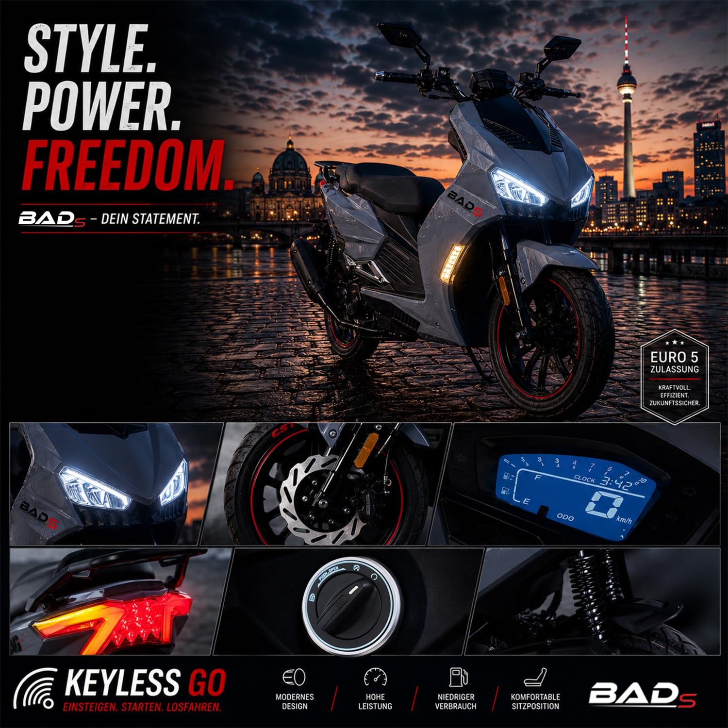 Burnout Motorroller 50 ccm BAD S, Grau, 45 km/h, Euro 5, EFI Einspritzung, Voll-LED, Keyless Go, Alarmanlage, USB-Ladedose, hydraulische Scheibenbremsen v/h