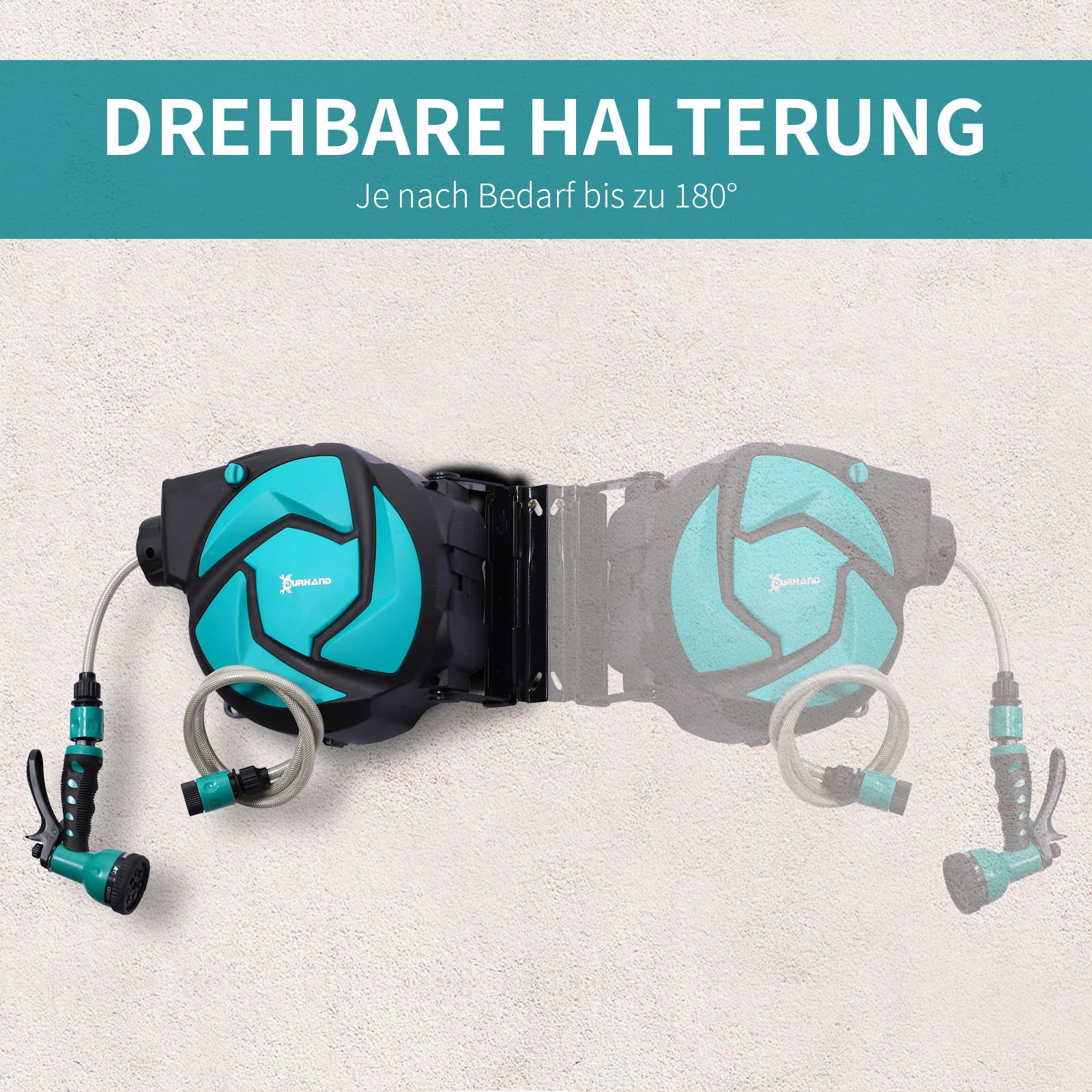 DURHAND Schlauchtrommel 10 m Automatische Aufrollung Grün + Schwarz