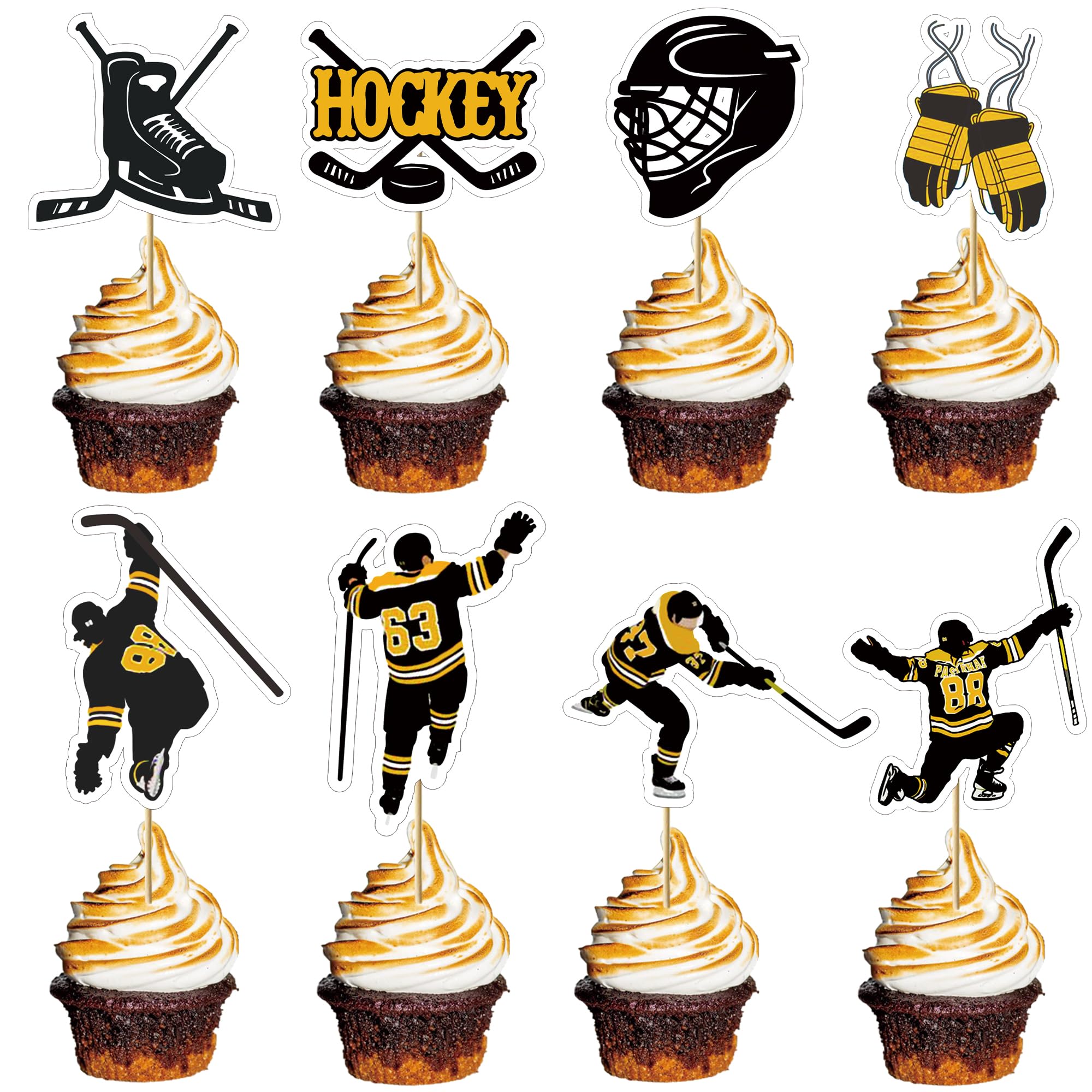 WishFirst 32pcs Multi-color Hockey Cupcake Toppers (8 Designs, 2.7'' W x 2.7'' H) - Ice Hockey Sports Theme, Baby Shower, Birthday Party Cake