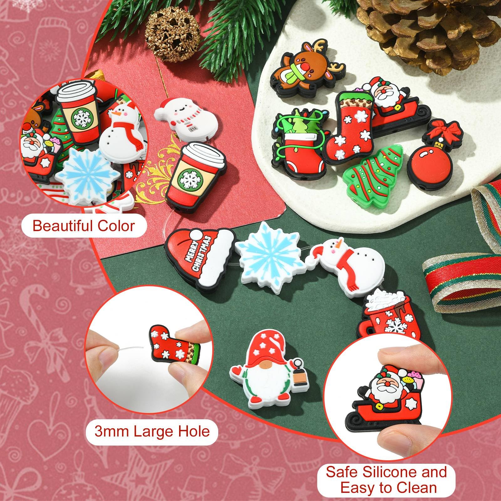 UR URLIFEHALL 15 Pcs 15 Styles Silicone Beads Colourful Santa Claus Tree Drink Silicone Focal Beads for Pens Keychain Lanyard Decorative Craft - Image 3