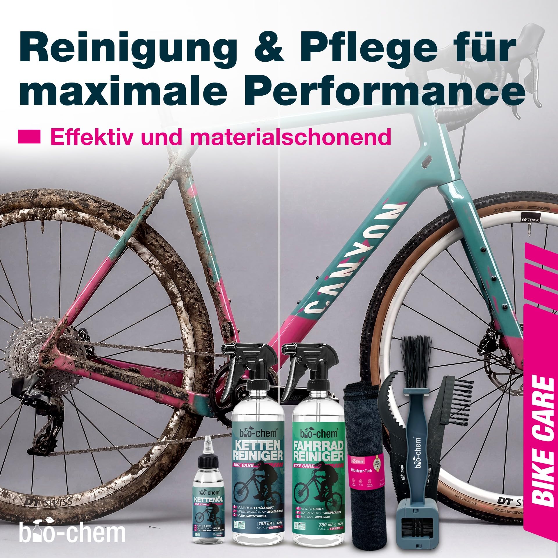 bio-chem Fahrrad Reinigungsset 7-teilig für E-Bike, MTB & Rennrad | Inkl. Fahrradreiniger, Kettenreiniger, Kettenöl, 3 Bürsten & Mikrofasertuch | Profi-Pflege für Fahrrad & E-Bike