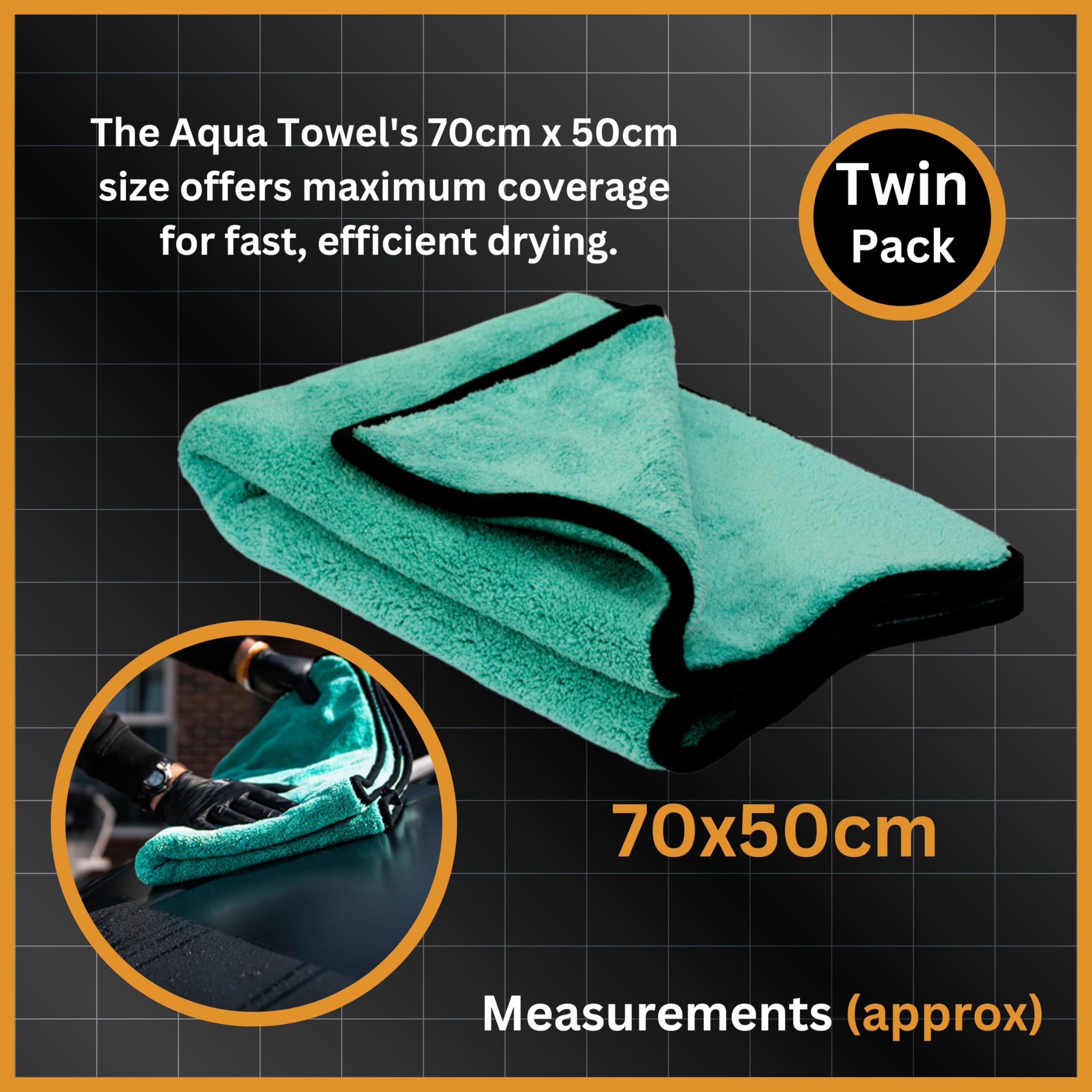 Tek Automotive Aqua - Juego de 2 toallas de secado de coche de lujo de 1200 g/m², paños de microfibra extra grandes (50 x 70 cm), superabsorbentes, ultrasuaves, para limpieza, detalles, pulido y