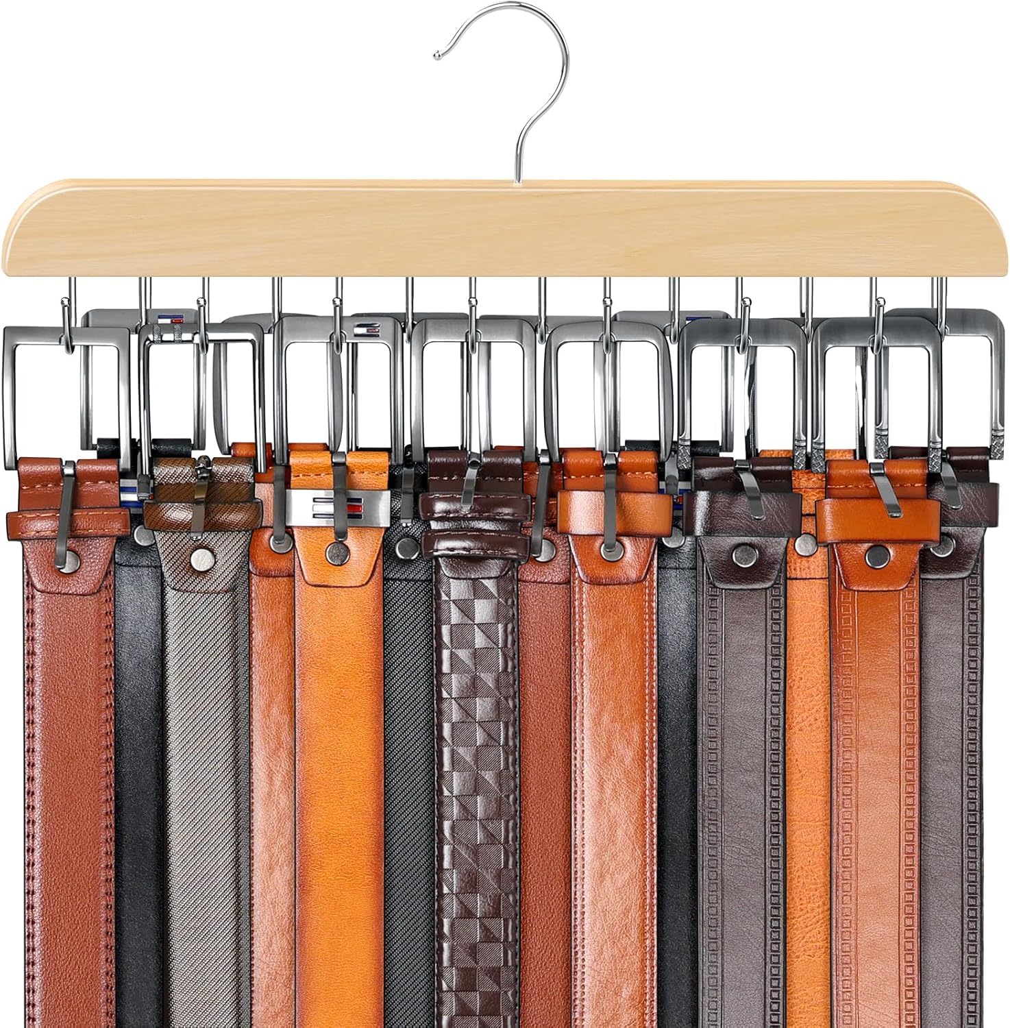 DIRXVMC Belt Hanger for Closet Max 42 Belts, Belt Organizer Closet Accessories with 14 Hooks Belt Rack Sturdy Wood for Closet Organizers and Storage