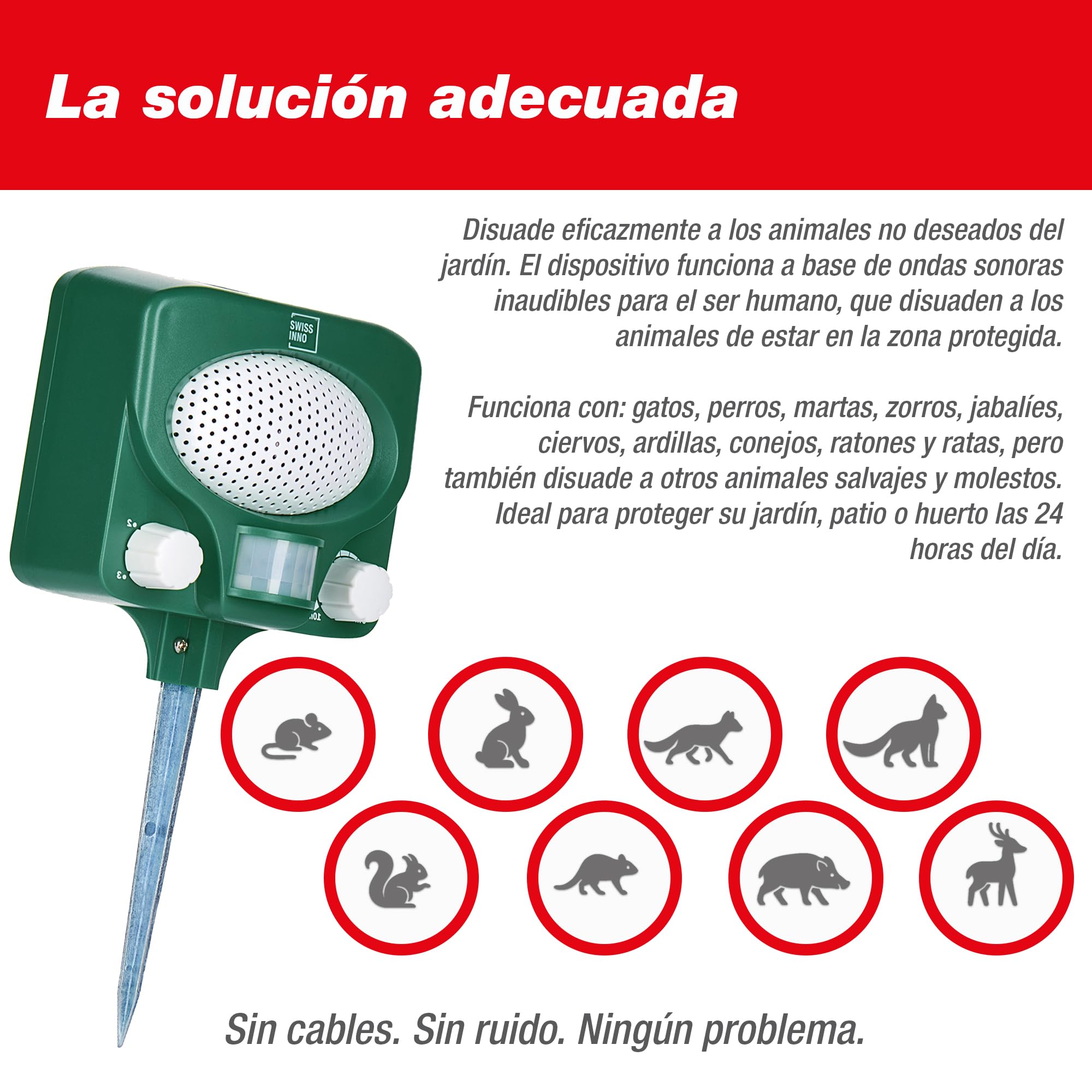 SWISSINNO Repelente Ultrasónico Animales – Ahoruyenta Gatos Perros Martas Conejos Zorros – Panel Solar – Cobertura 100m² – Resistente al Agua – Exterior Día y Noche