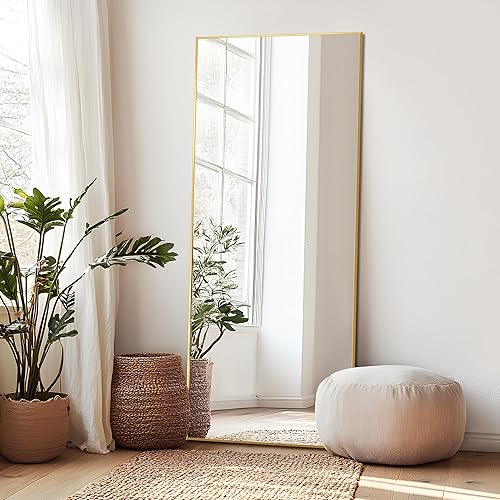 Miniatura 6 de Espejo arqueado de longitud completa de 57 x 19 pulgadas con soporte, espejo dorado de aleación de aluminio de cuerpo fino, espejo de cuerpo