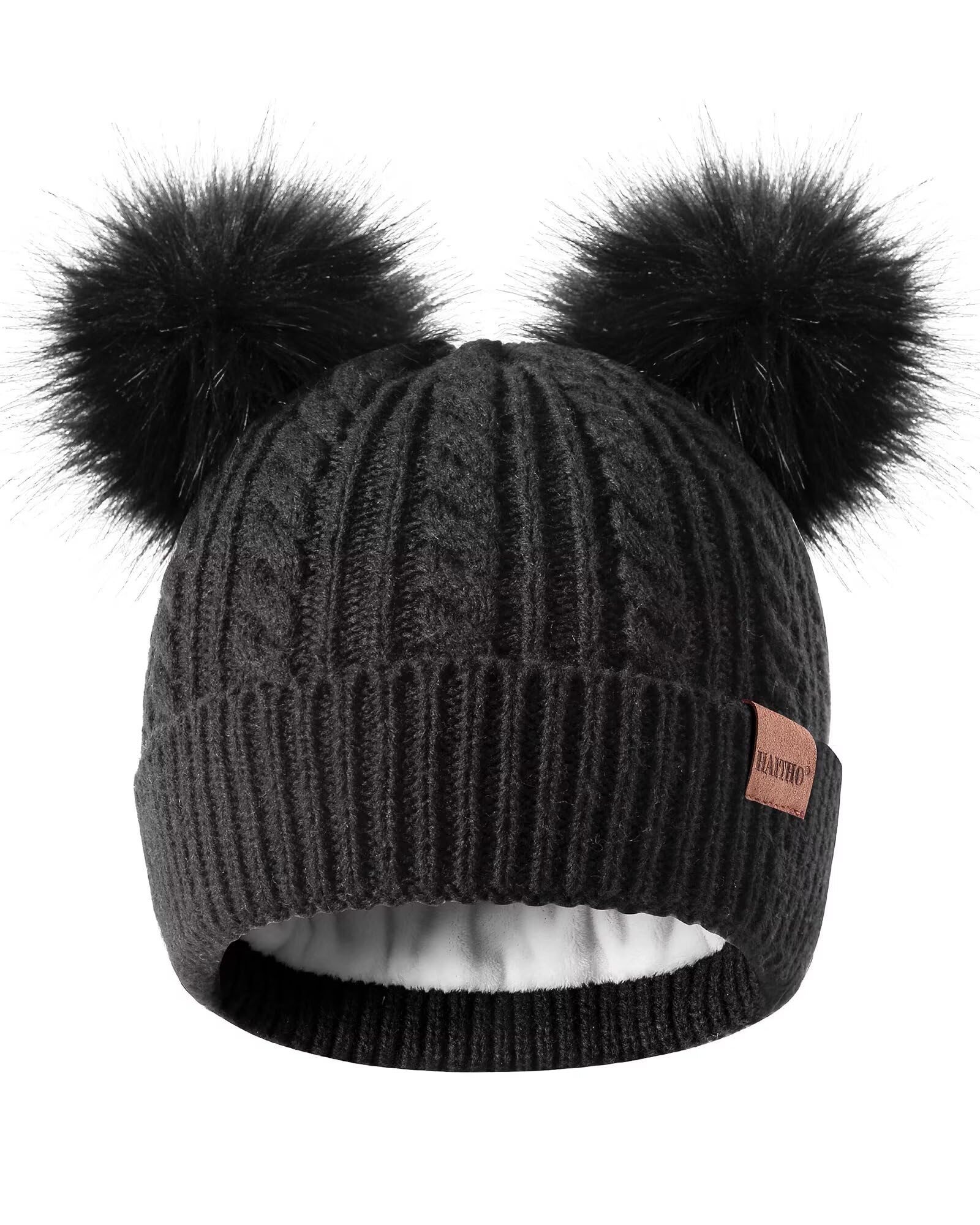 HAITHO Winter Hat for Kids Toddler Children, Girls Beanie with Double Pom Pom Warm Fleece Lined, Girls Accessories Knit Cap