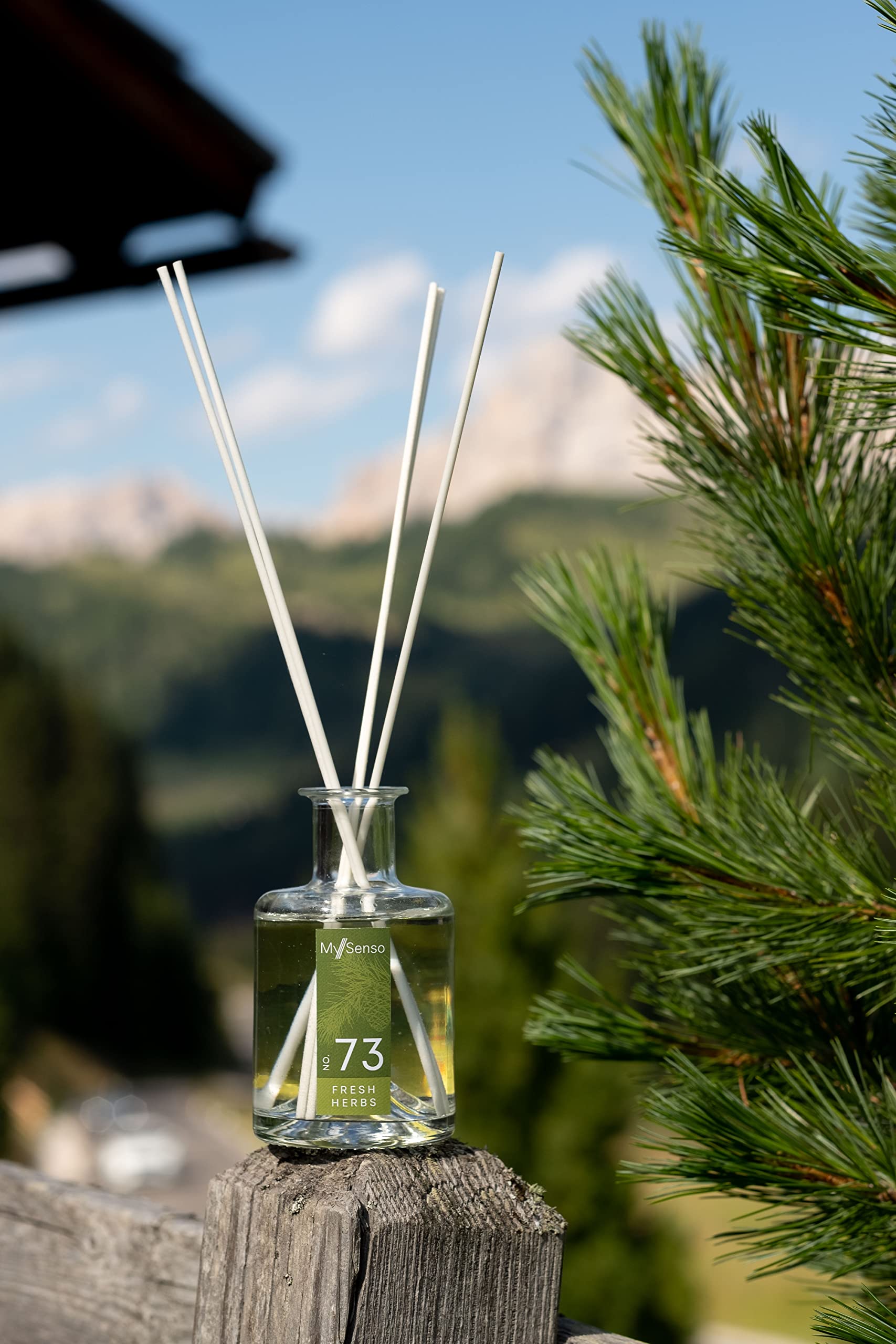 MySenso Alpine - N°73 Fresh Herbs - Diffusore a bastoncini con olio di pino cembro biologico - fragranza alpina per casa e ambiente - profumo fresco – confezione regalo elegante e sostenibile