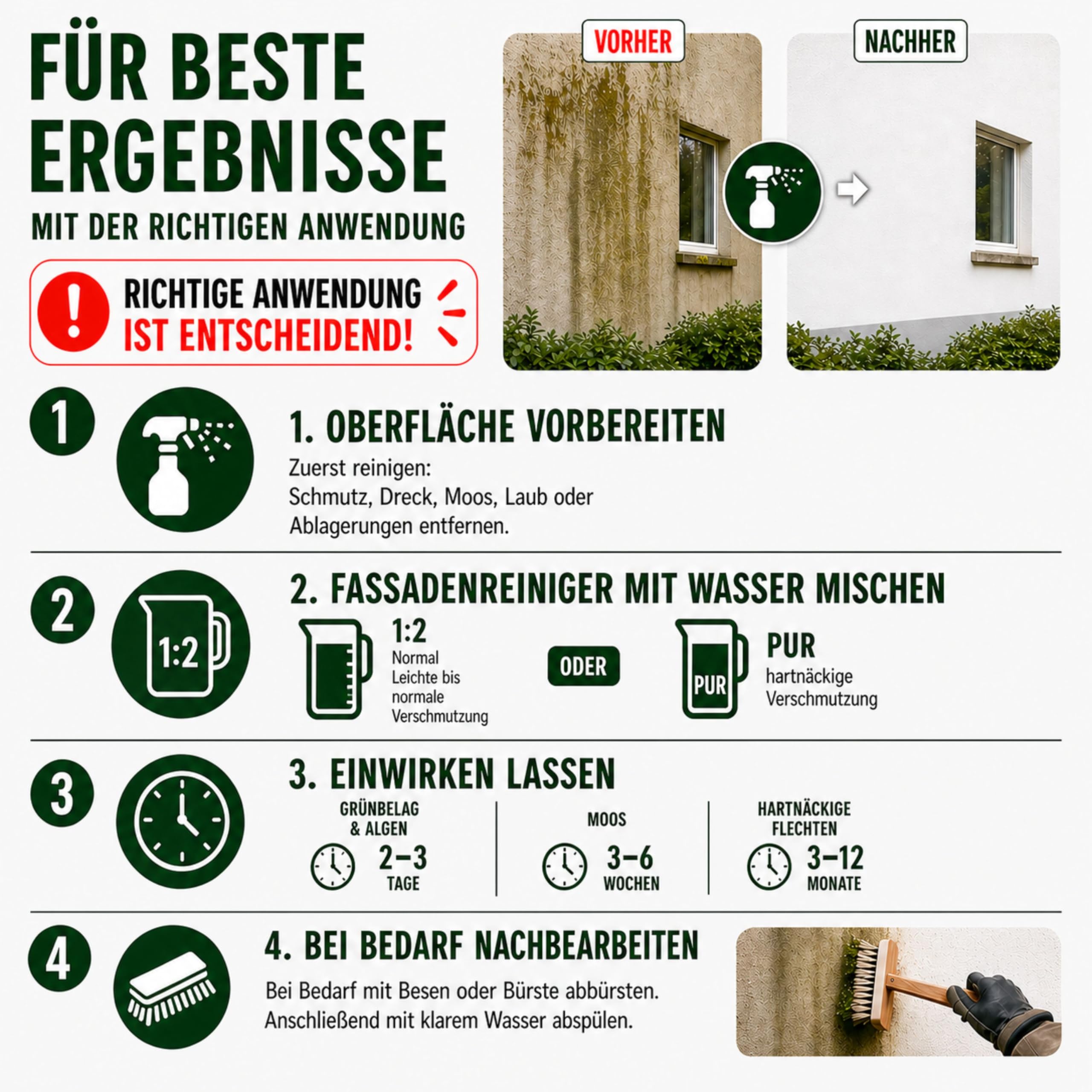 Treufix Fassadenreiniger Konzentrat 5L kraftvoll gegen Algen & Grünbelag | Profi Fassadenreinigung gegen organische Verschmutzungen für Putz, Beton, Klinker Hauswand & mineralische Fassaden