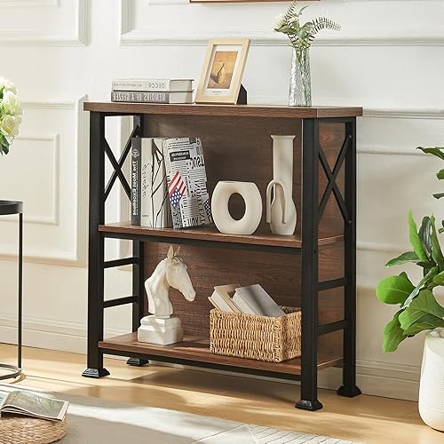 Miniatura 8 de HOMBAZAAR - Estantería pequeña de 3 niveles, estante corto de 35.4 pulgadas con marco de metal resistente y estantes de madera, estantería