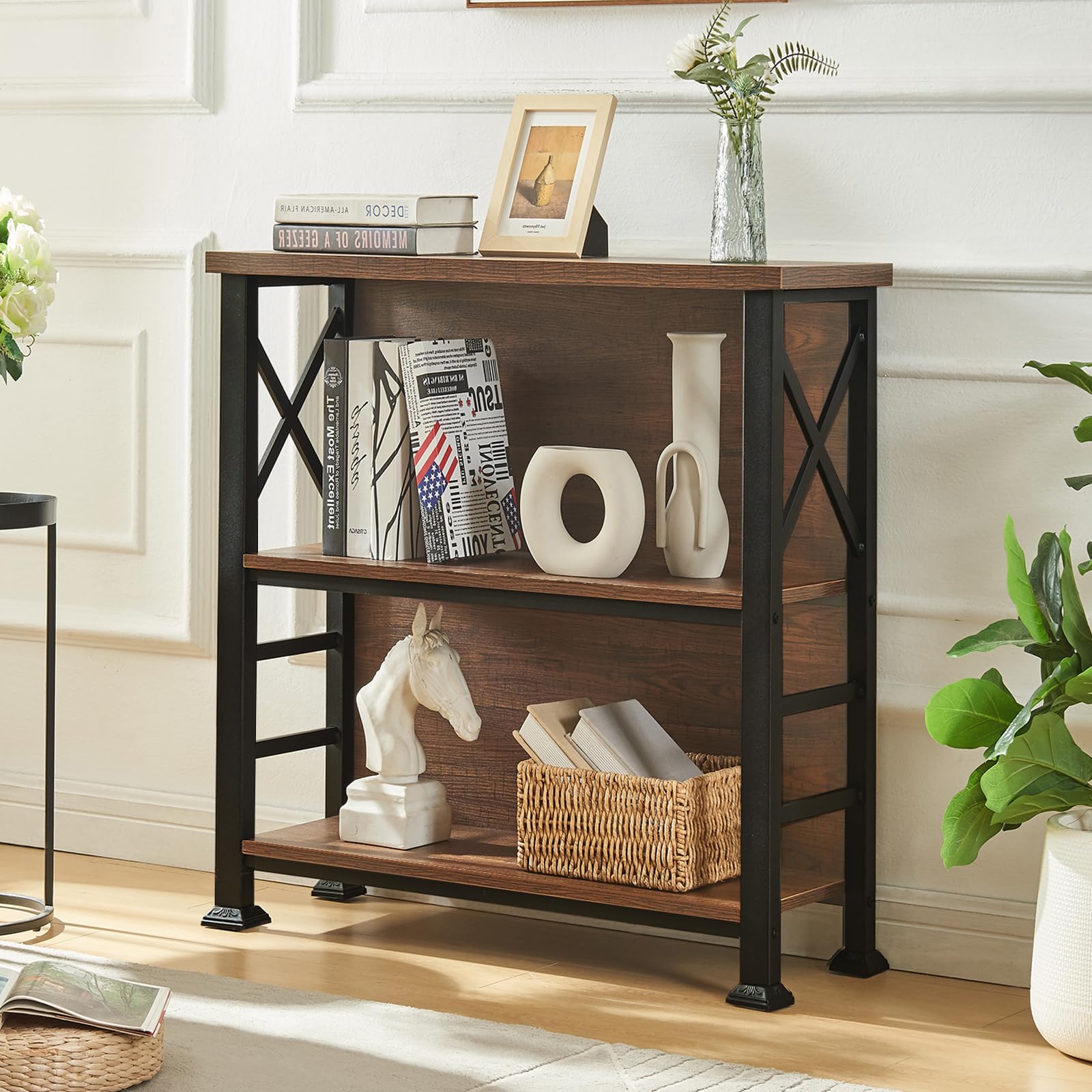HOMBAZAAR 3-Tier Small Bookshelf, 29.5 Inch Short Book Shelf with Sturdy Metal Frame & Wood Shelves, Rustic Brown Industrial Bookcase for Living Room,