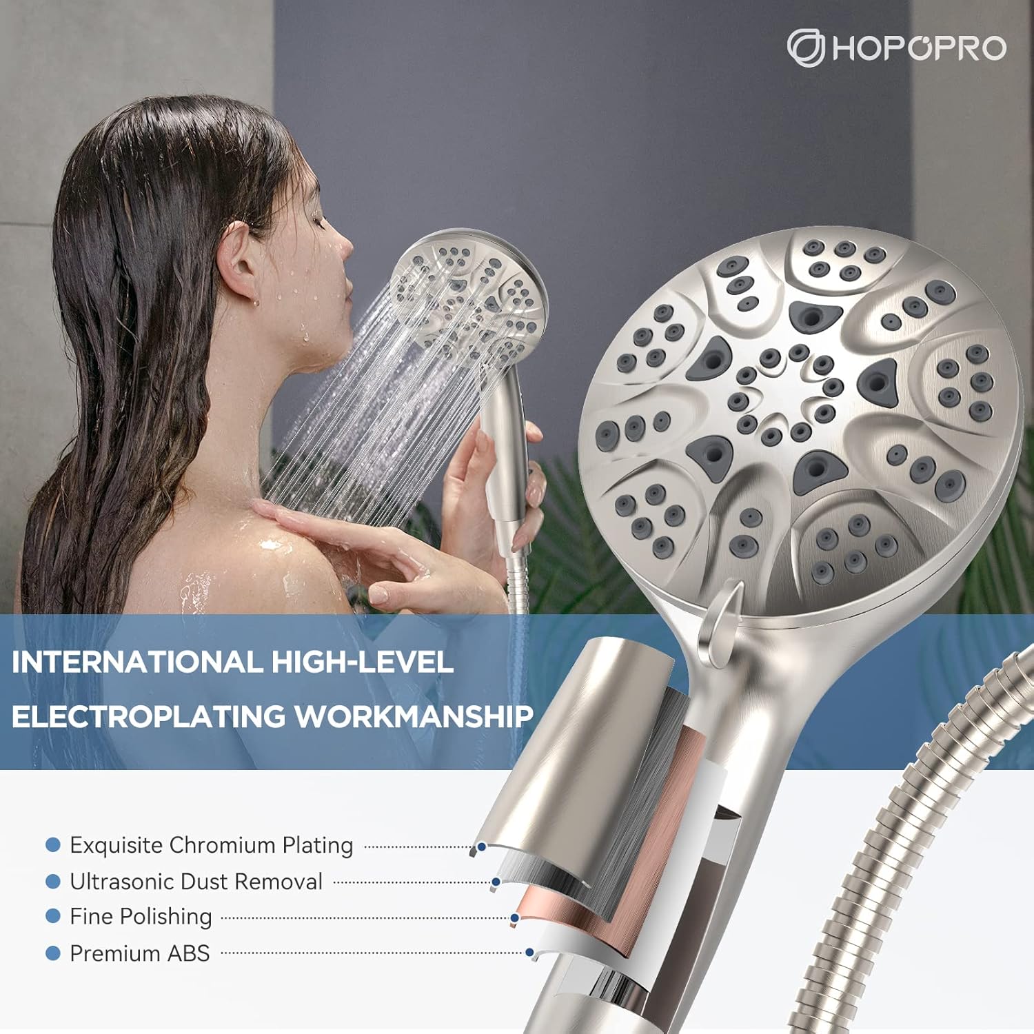 6-mode high pressure handheld shower head set, consumer reports recommended hopopro high flow hand held showerhead with 59 inch hose bracket teflon tape rubber washers 6 modes brushed nickel