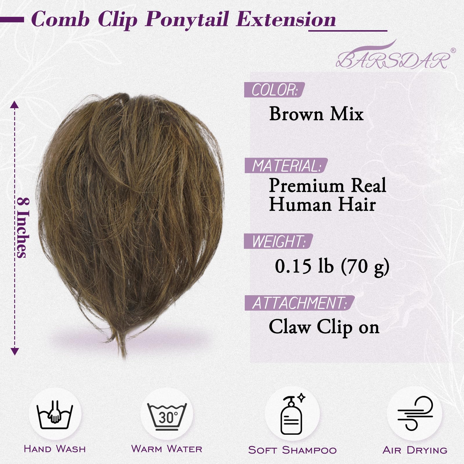 BARSDAR Corto Capelli Veri Coda di Cavallo Extension con Flessibili Metalli, DIY Stili 20cm Clip Artigli Capelli Veri Marrone Mix Messy Chignon Posticci per Donne Spessi Naturale Coda di Cavallo