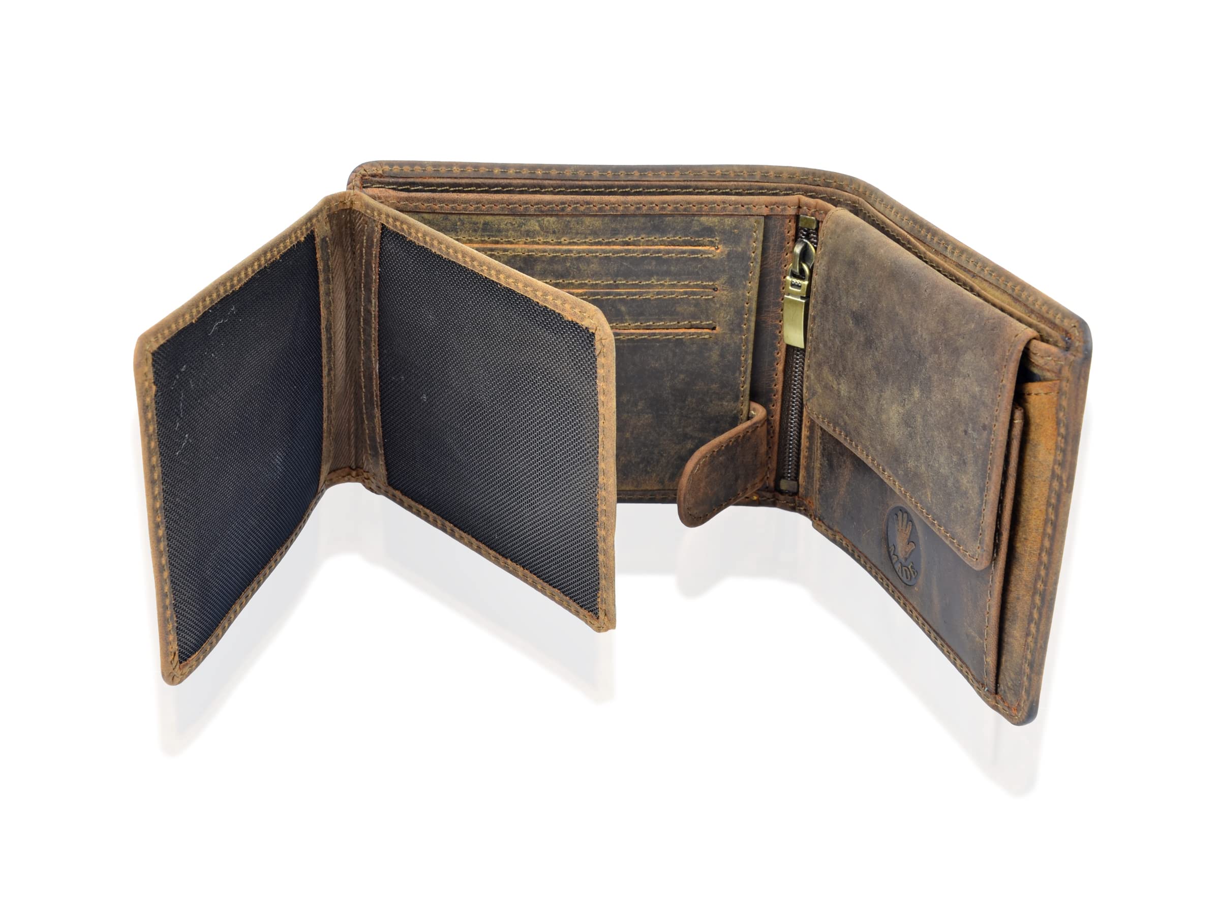 Billetera para Hombre de Cuero Genuino - Billetera Grande de Cuero con Bolsillo para Monedas – Marrón Vintage - Caballo - 12 x 9 x 3 cm