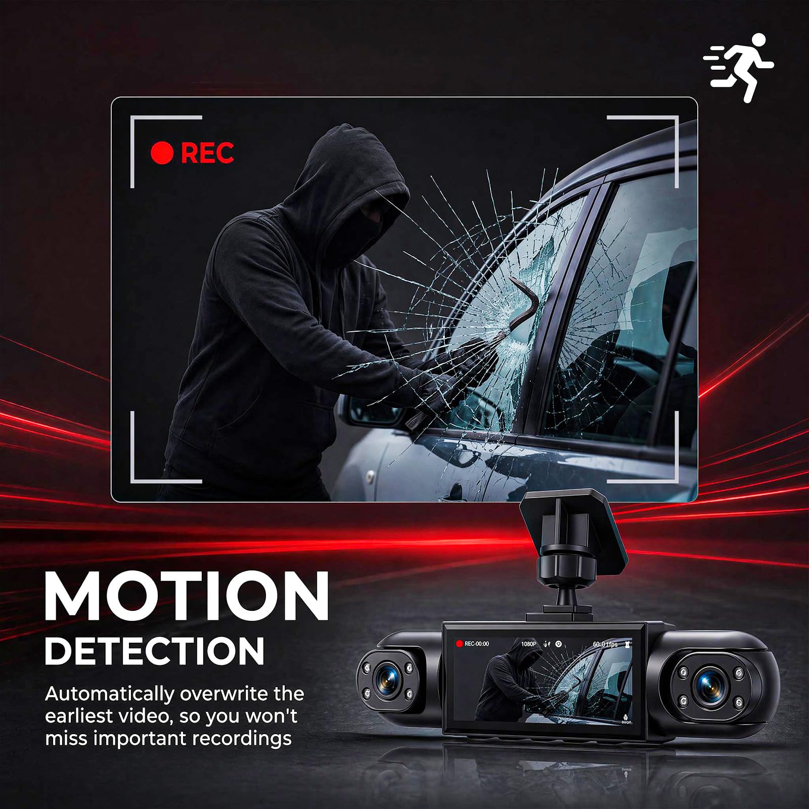 Rimoody Dash Cam Auto 4 kamery samochodowe, kamera Dashcam 3,16 cala, zintegrowana noktowizor, wyczuwanie ruchu, tryb parkowania 24/7, obsługa cofania pamięci 64 GB