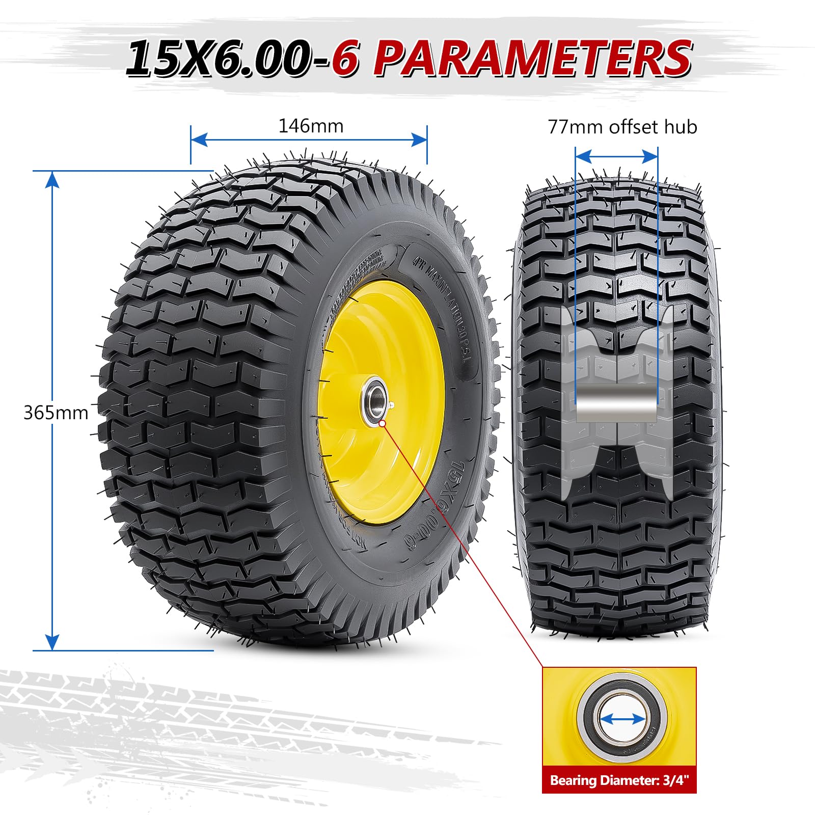 2 Stück 15x6.00-6 Reifen und Rad, Ersatz-Luftreifen 15 Zoll Rad mit 3/4 Zoll Lagern, 15x6.00-6 Luftfreireifen kompatibel mit Sackkarre, Schubkarre, Wagen, Gorilla Carts Reifen| gelb