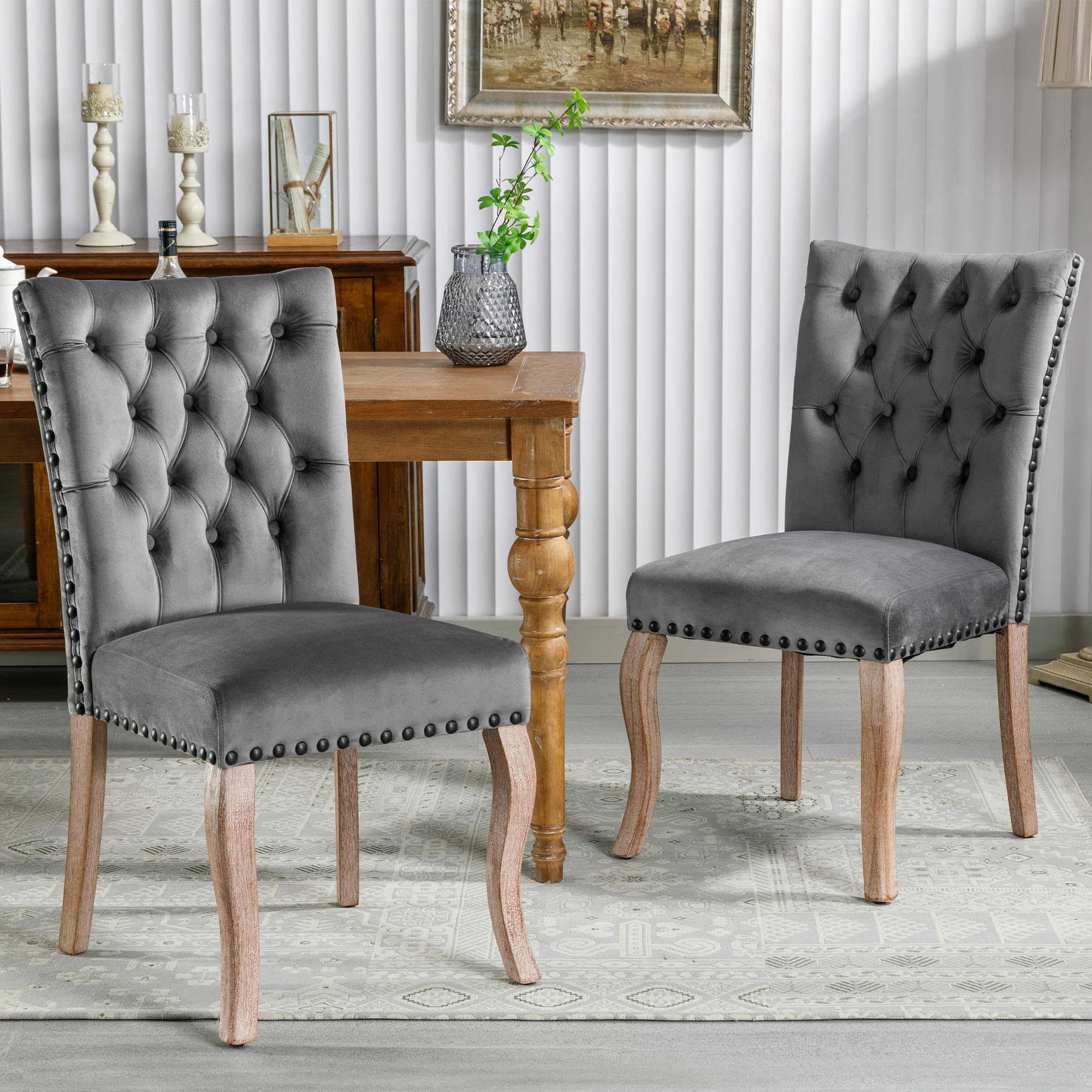 Silla de comedor (silla de cocina, silla de salón con aldaba única en la parte trasera), silla tapizada con cabeza de clavo, patas de madera maciza, funda de terciopelo, gris, 2 unidades