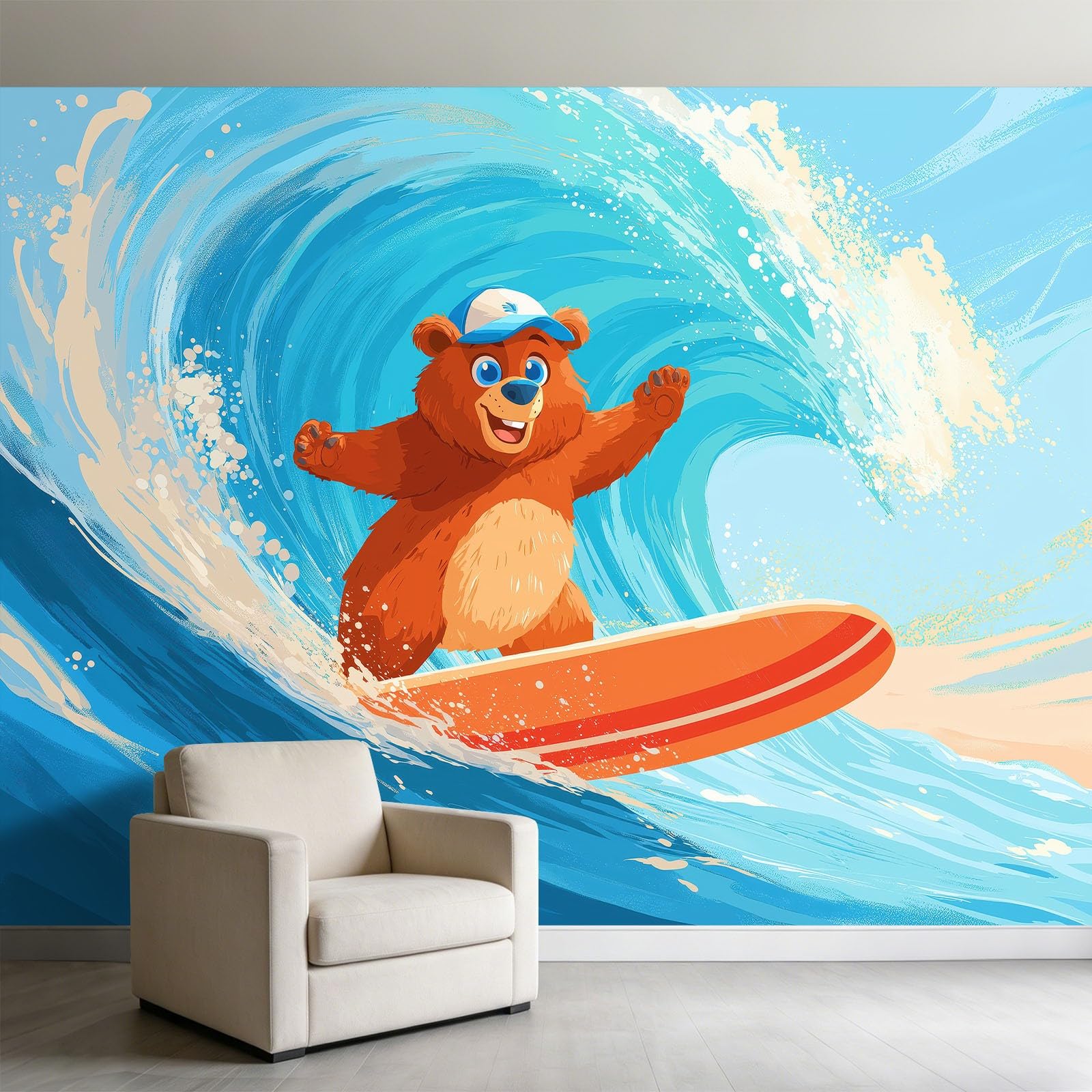 Fototapeta premium z włókniny, kreskówka, sport, fale, zwierzęta, niedźwiedź, 350 x 256 cm, tapeta z włókniny do łazienki, pokoju dziecięcego, pokoju zabaw - XXL tapeta ścienna z motywem