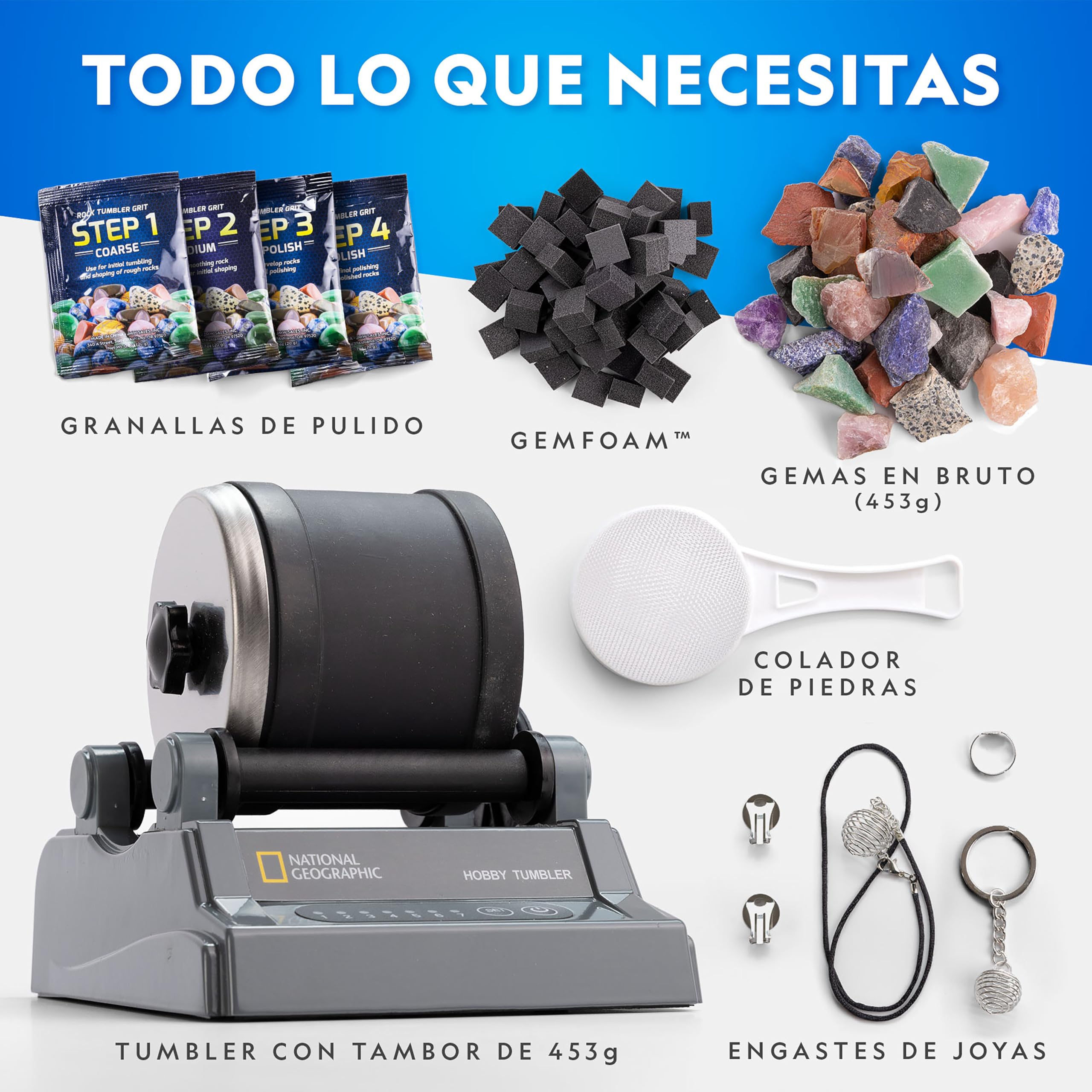 National Geographic Kit de Pulidora de Rocas Hobby – Pulidora de Rocas Resistente y Antifugas con Temporizador de 7 Días, Kit Completo de Geología para Niños