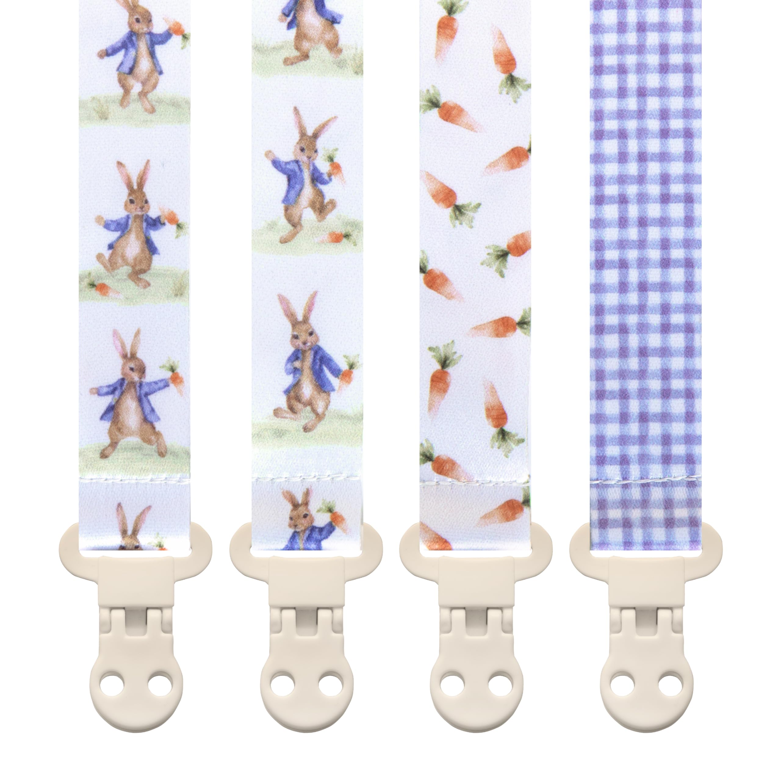 Stadela Baby Pacifier Clip Holder - Boy and Girl Unisex 4 Pack Gift Set – Neutral Vintage Rabbits and Carrots Beige Blue Brown Peter