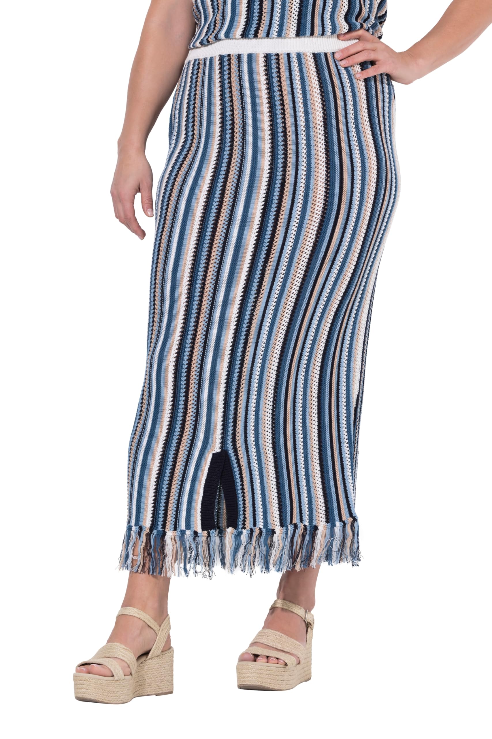 Ulla Popken Damen große Größen Übergrößen Plus Size Strickrock, Ajourstreifen, Fransen, Elastikbund 847613