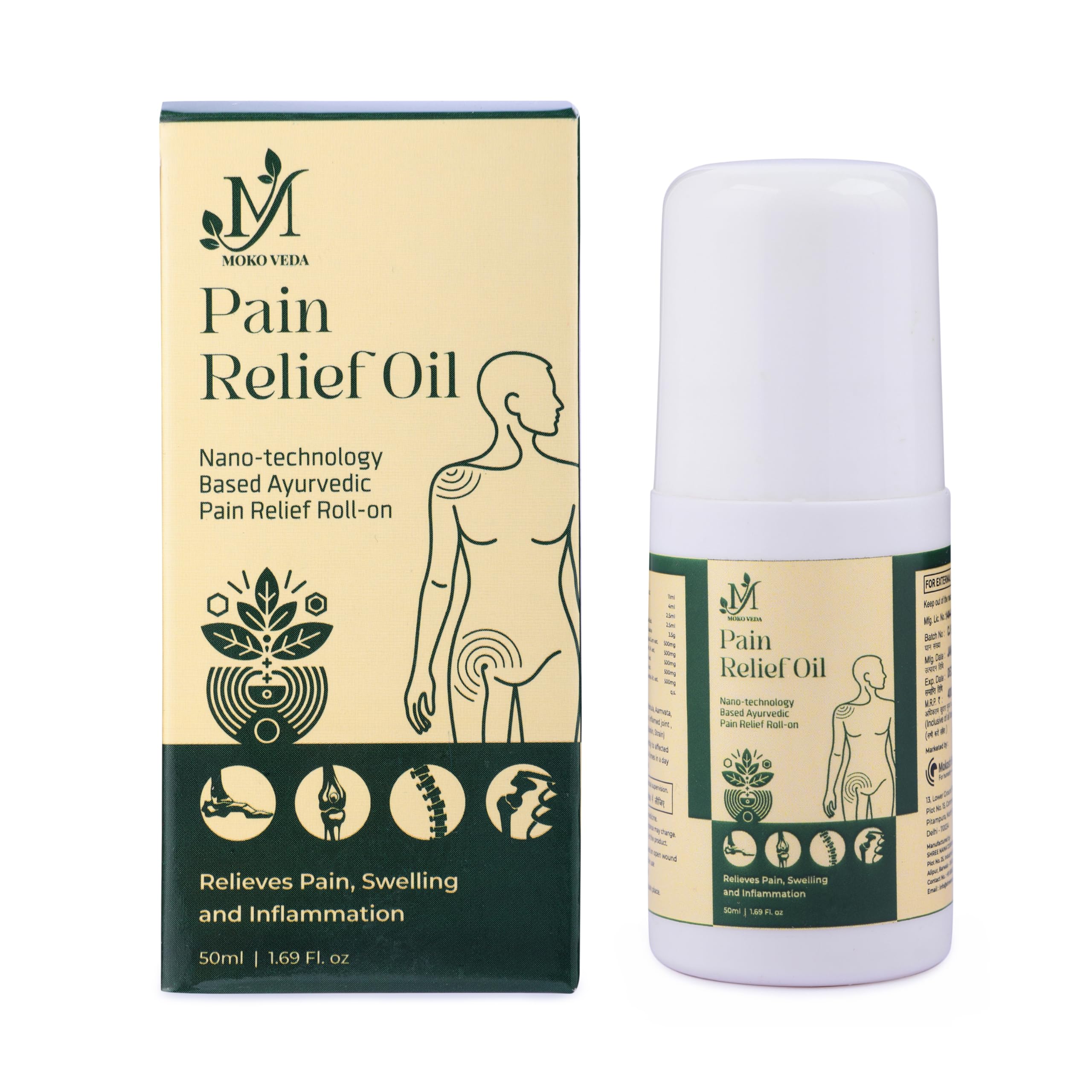 MOKO VEDA Pain Relief Oil Roll-On 50ml | Nano Technology Ayurvedic Formula for Muscle, Joint & Back Pain | Fast-Absorbing Plant-Based Oil | Pre & Post Workout Recovery