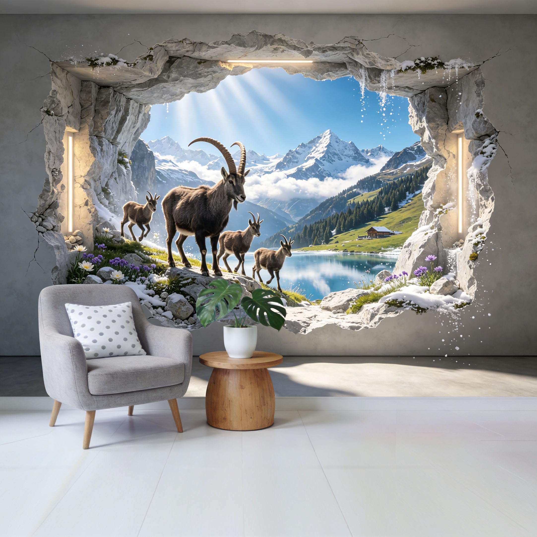 Custom Size Wall Mural Mountain Lake Landscape Alpine Goats 3D Trompe l’oeil Rock Window View Removable Self Adhesive Fabric Home Wall Decor for Living Room Bedroom Bathroom
